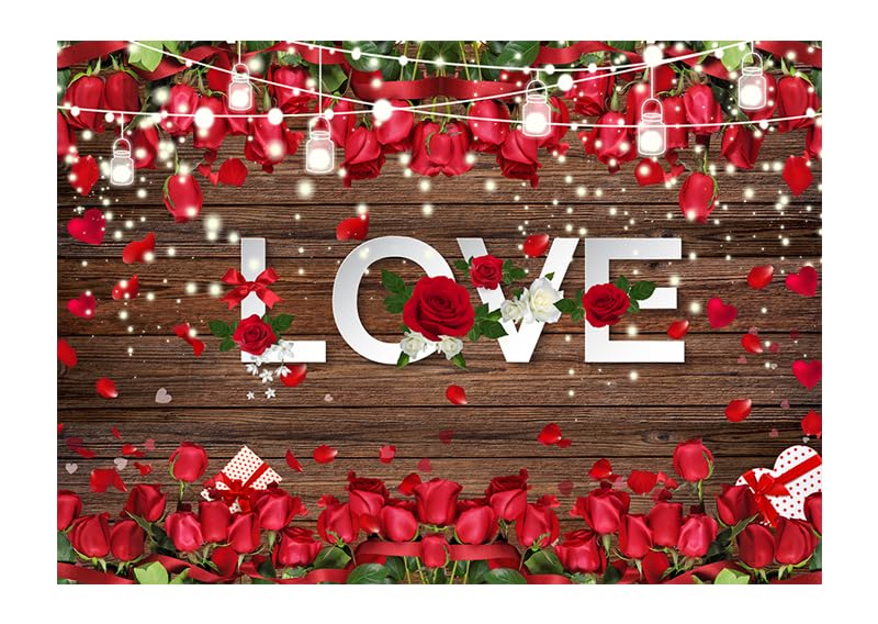 LTLYH 7x5ft Valentines Day Love Theme Backdrop Brown Wood Love Heart Roses Photography Backdrop Engagement Wedding Party Decora