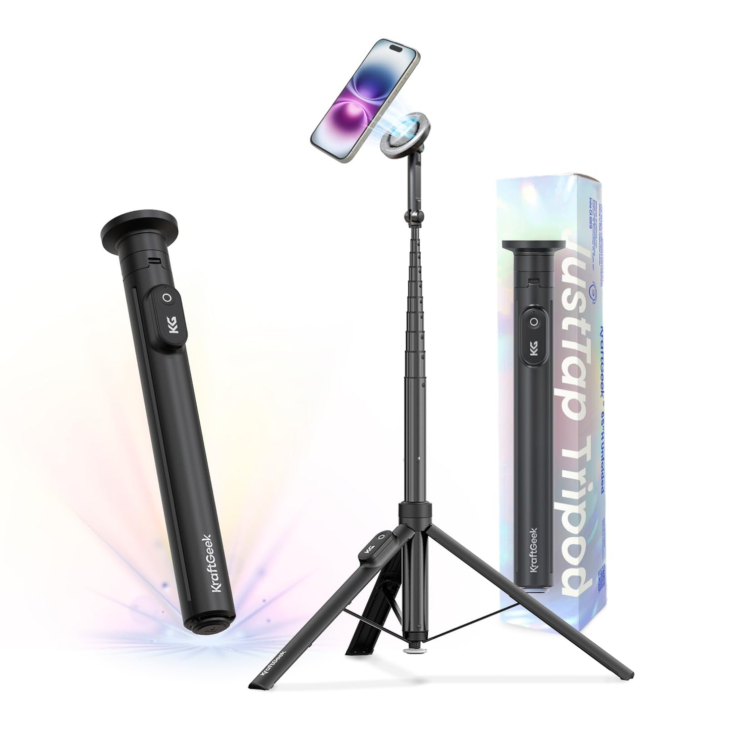 KraftGeek Magnetic Phone Tripod for iPhone MagSafe - 66 Automatic Selfie Stick with Remote, Portable Tripod Stand for Video Re