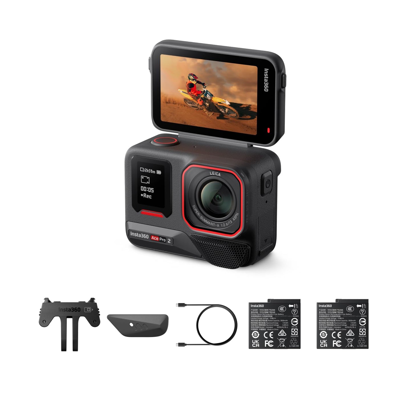 Insta360 Ace Pro 2 Dual Battery Bundle -8K Waterproof Action Camera Co-Engineered with Leica, 1/1.3 Sensor, Dual AI Chip, Leadin