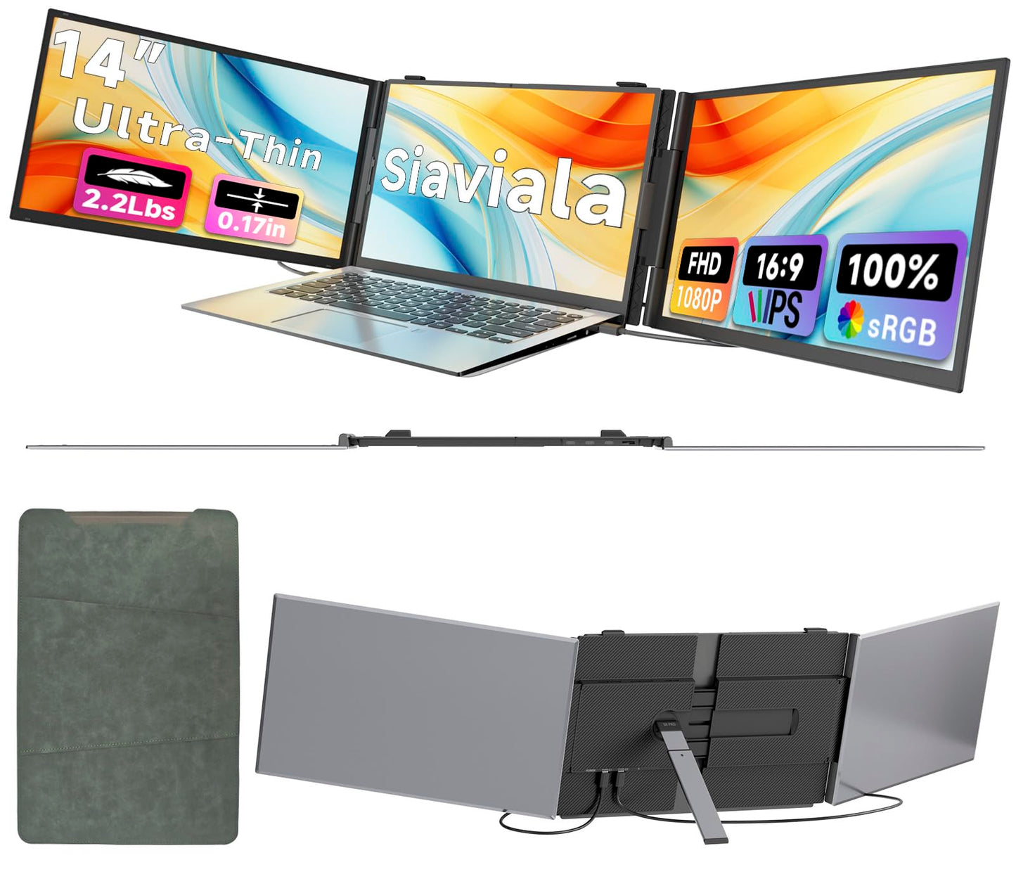 siaviala Laptop Screen Extender 0.17 Ultra-Thin, 14 1080P FHD IPS Portable Monitor, Triple Screen Laptop Monitor Extender for 13