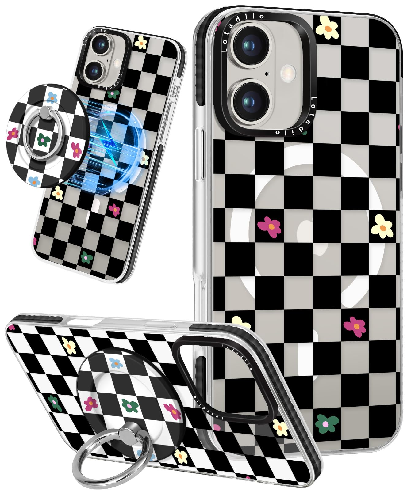 Lotadilo Case for iPhone 17 Case Compatible with Magsafe Ring Holder Stand - for Women Plaid Flower Design TPU Phone Cover for G