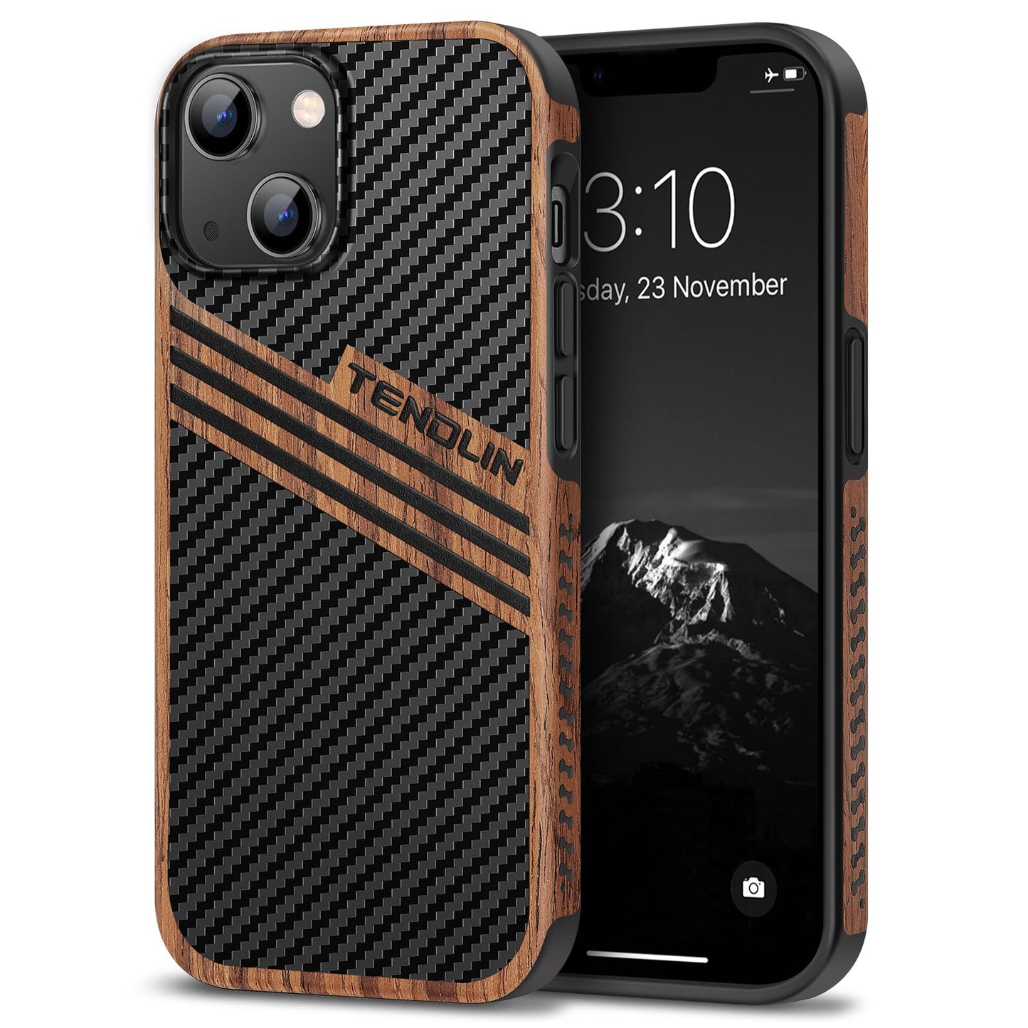 TENDLIN Compatible with iPhone 14 Plus Case Wood Grain with Carbon Fiber Texture Design Leather Hybrid Slim Case (Three Stripe)