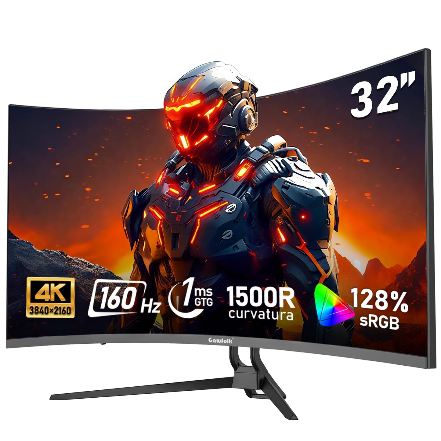 Gawfolk 32-inch 4K Ultra HD Curved 1500R Computer Monitor, 160Hz Gaming Screen, 1ms, Adaptive Sync, 128% sRGB, 178 Wide Viewing