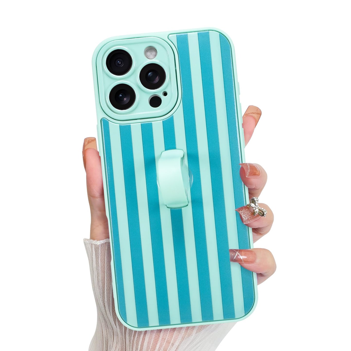 KANGHAR Compatible with iPhone 16 Pro Max Case, Silicone Stripes Cute Pattern, Wristband Kickstand Camera Protection Cover for G