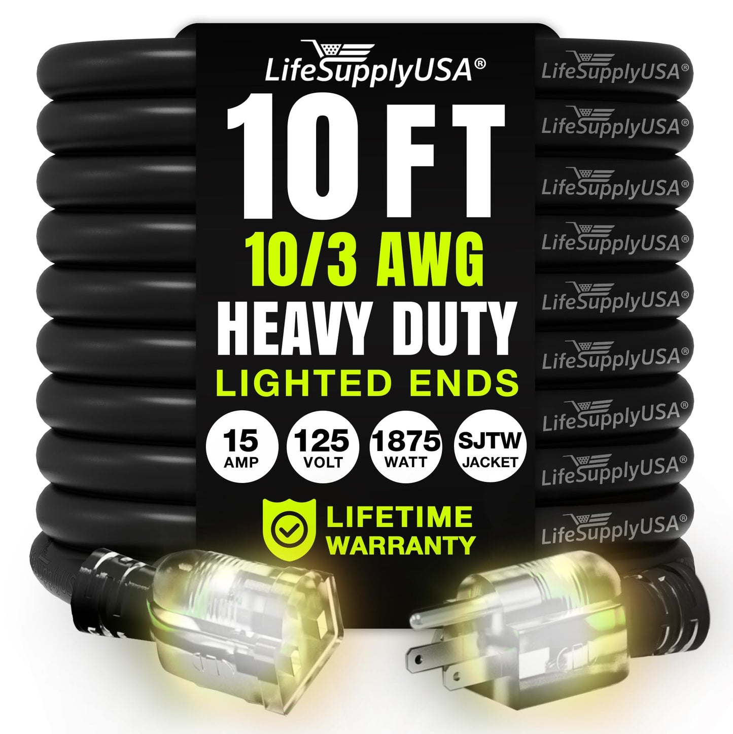 10ft Outdoor/Indoor Extension Cord 10/3 Gauge Ultra Heavy Duty 3 Prong SJTW, Waterproof, Flexible Cold-Resistant Long Power Cord