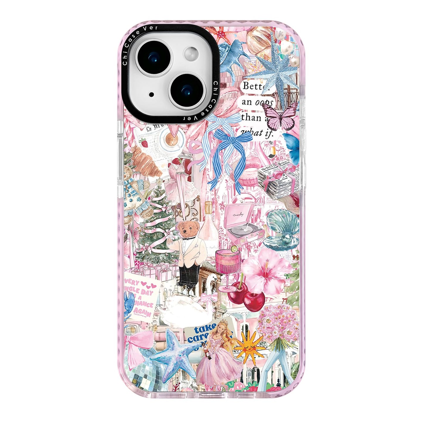 ChiCaseVer for iPhone 13 Case, Pink Romantic Collage Pattern with Ballerinas & Cute Teddy, Military-Grade Drop Protection, Girly