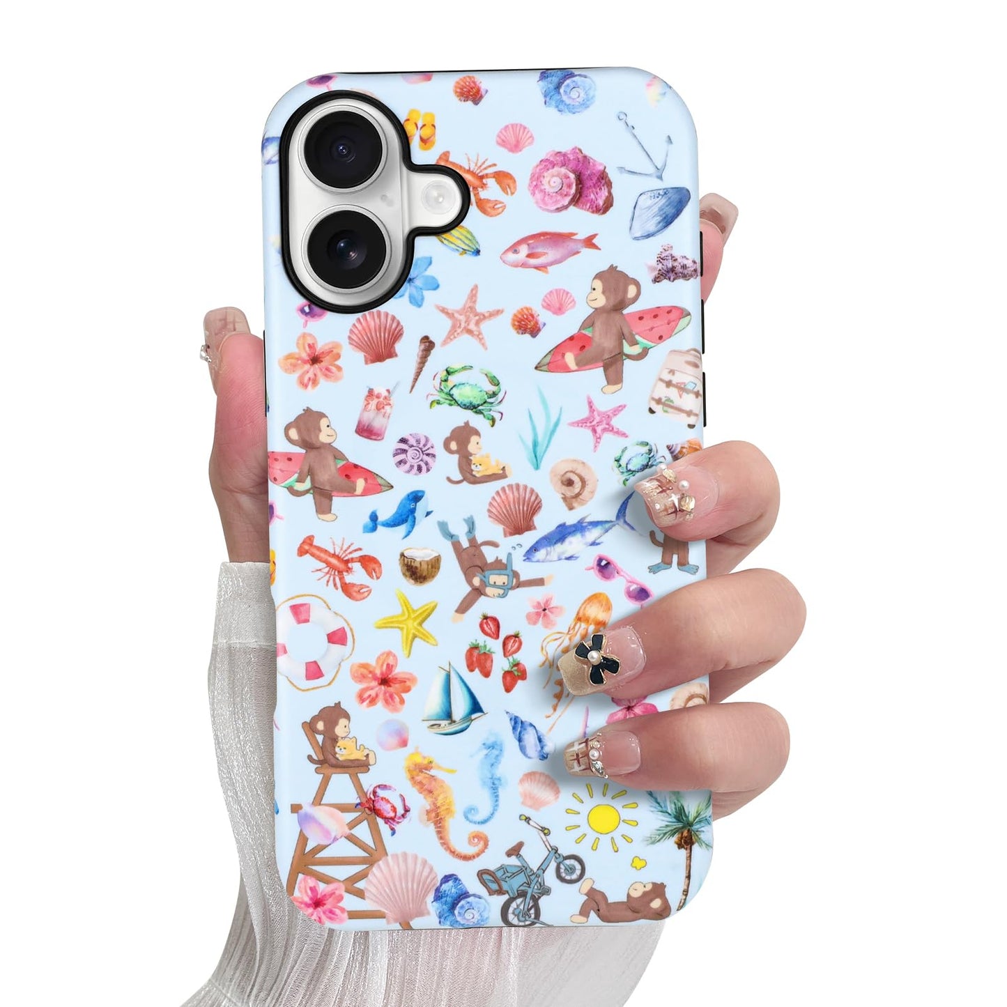 SOKAD Magnetic Monkey Phone Case for iPhone 16, Cute Summer Beach Monkeys Pattern Compatible with Magsafe Matte Protective Case