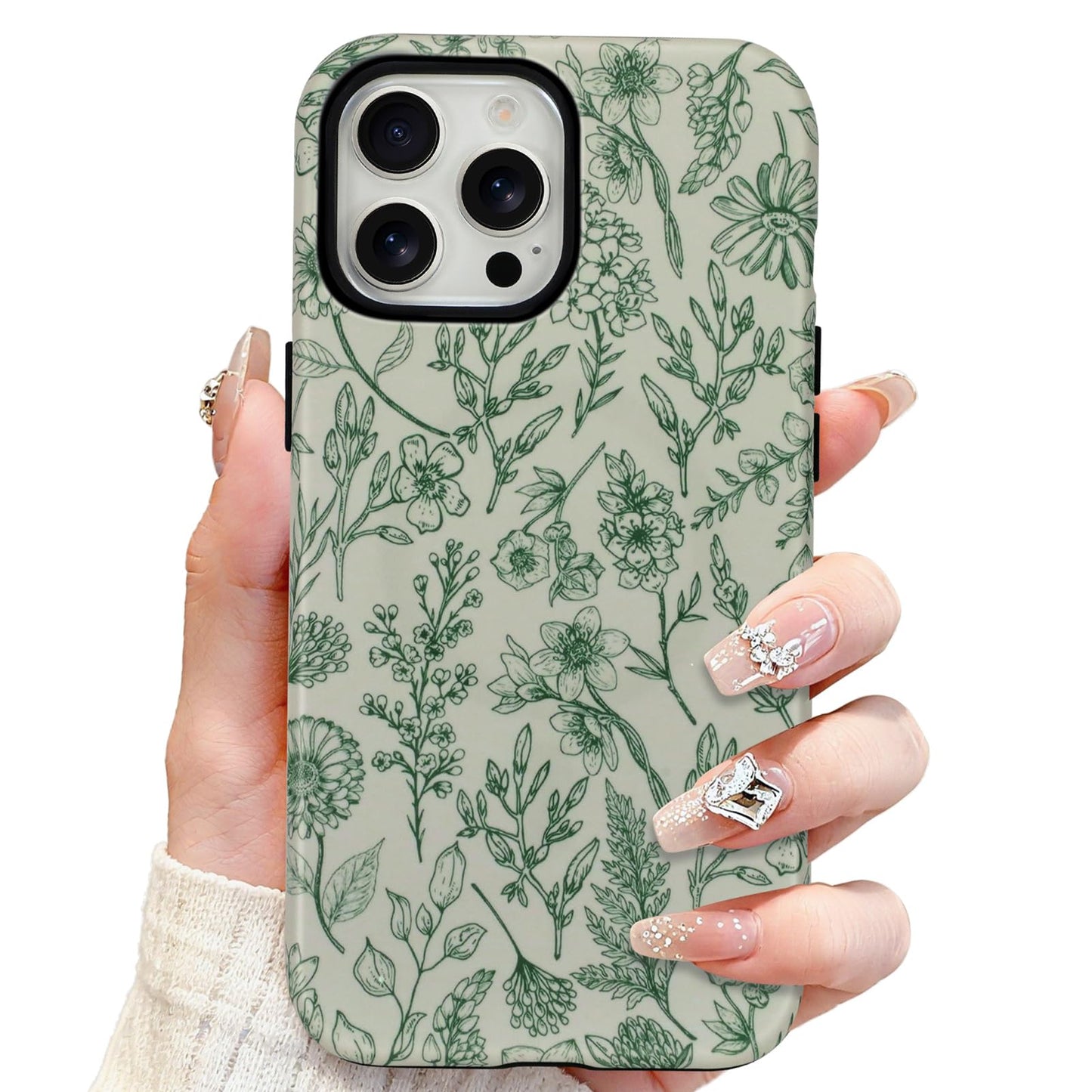 SOKAD Magnetic Sage Floral Phone Case for iPhone 14 Pro, Vintage Green Flower Pattern Compatible with Magsafe Matte Protective C