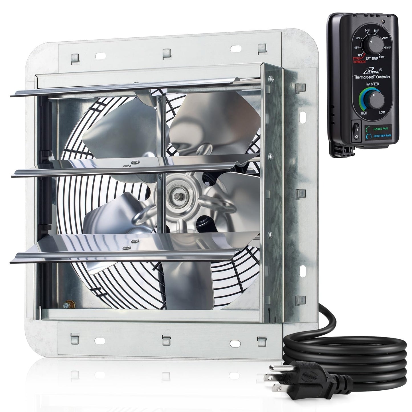 iLiving 10 Wall Mounted Shutter Exhaust Fan, Automatic Shutter, with Thermostat and Variable Speed controller, 65W, 820 CFM, 120