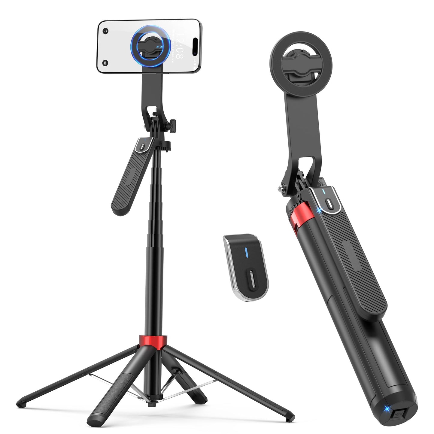 PlusAcc 69 Magnetic Selfie Stick Tripod - Extendable Phone Mount for MagSafe, 360Rotation Travel Stand with Rechargeable Remote,
