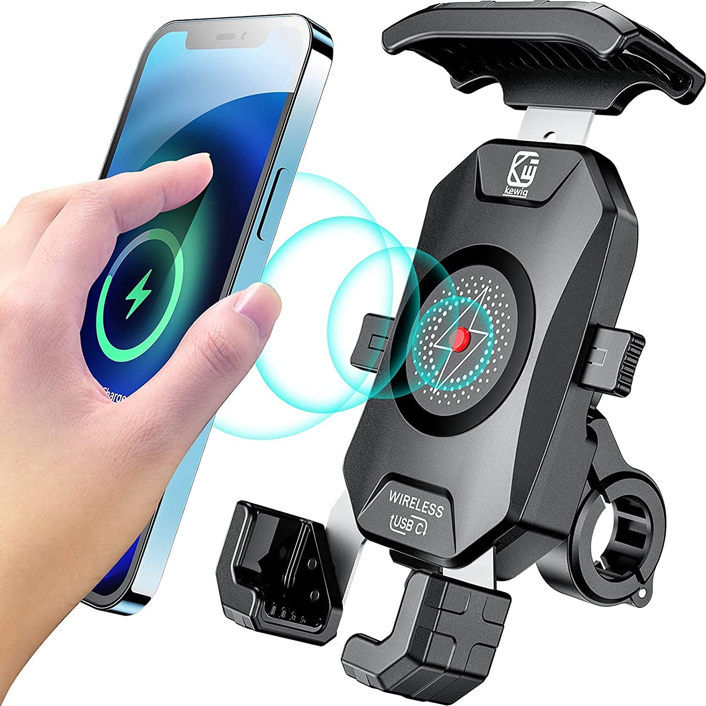 Kewig Waterproof Motorcycle Phone Mount - Qi 15W Wireless & USB C 20W Fast Charging, Fits 4-7" Phones, Black, Model M14A