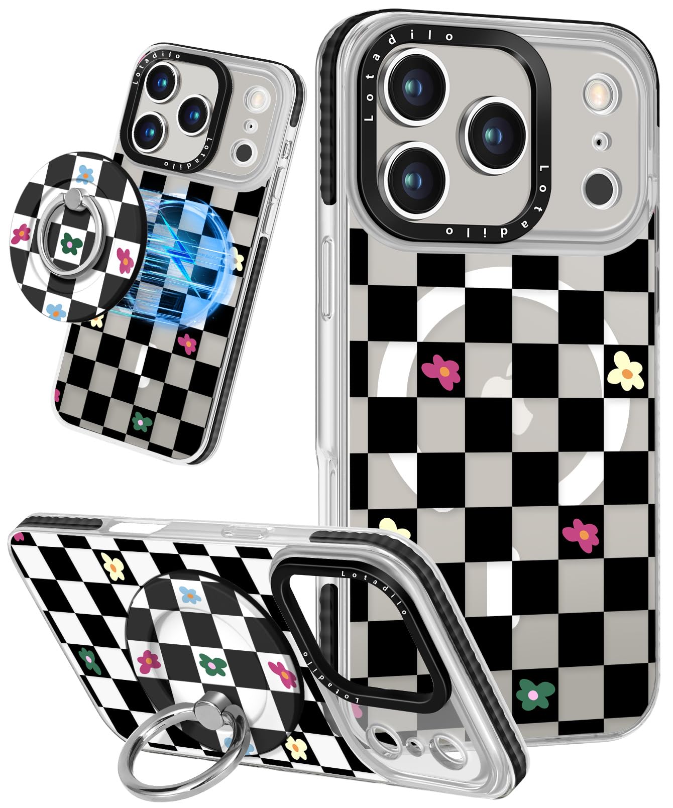 Lotadilo Case for iPhone 17 Pro Max Case Compatible with Magsafe Ring Holder Stand - for Women Plaid Flower Design TPU Phone Cov