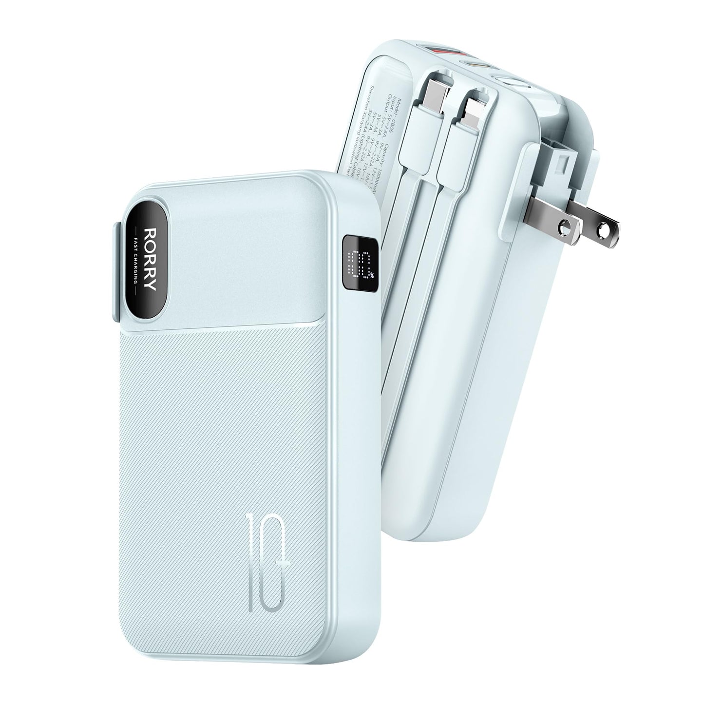 RORRY Portable Charger Built in Cables, AC Wall Plug in Portable Charger Power Bank 10000mAh Travel Battery Pack 22.5W Fast Char