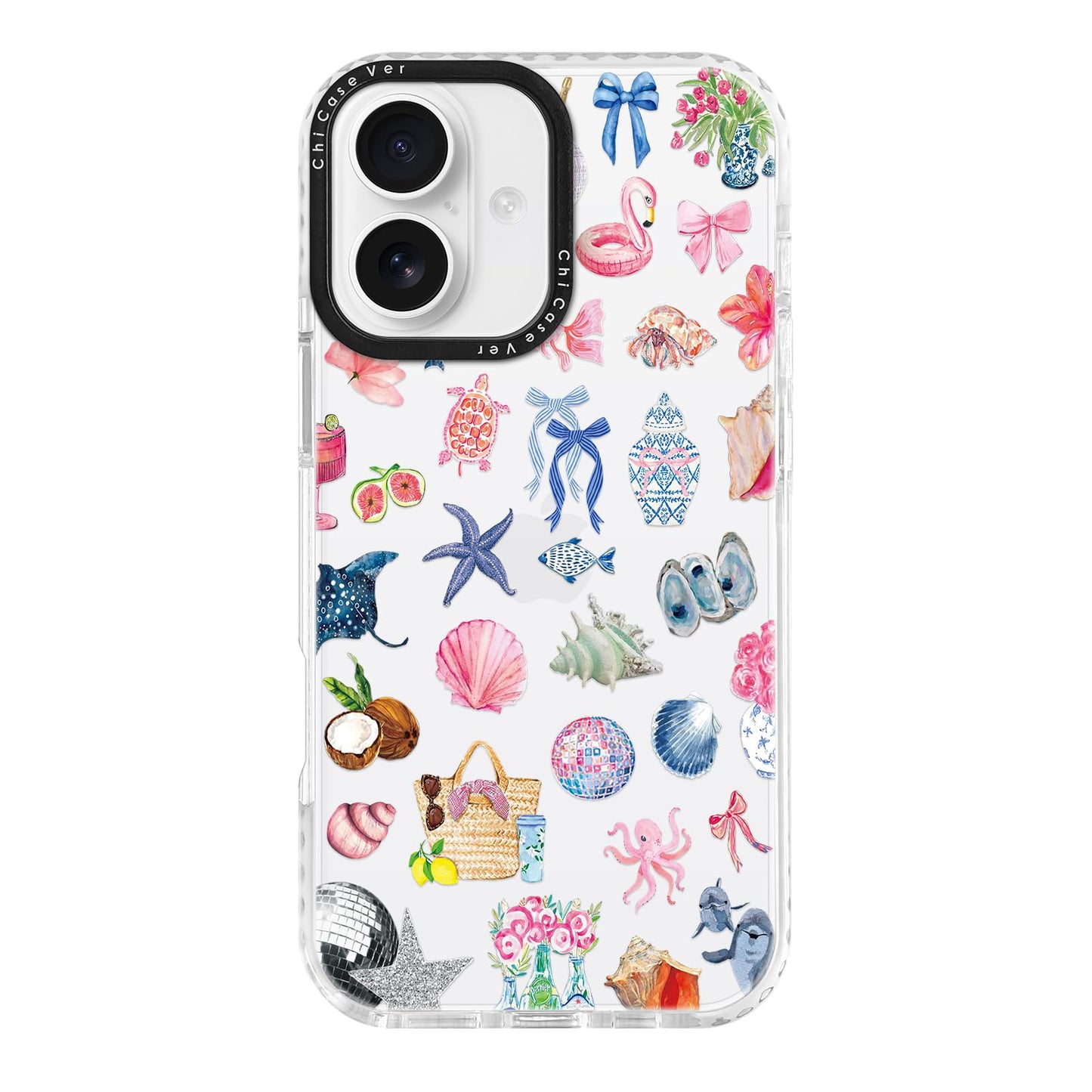 ChiCaseVer for iPhone 17 Case, Tropical Beach Collage Pattern with Shells & Flamingos, Colorful Summery Soft Slim TPU Protective