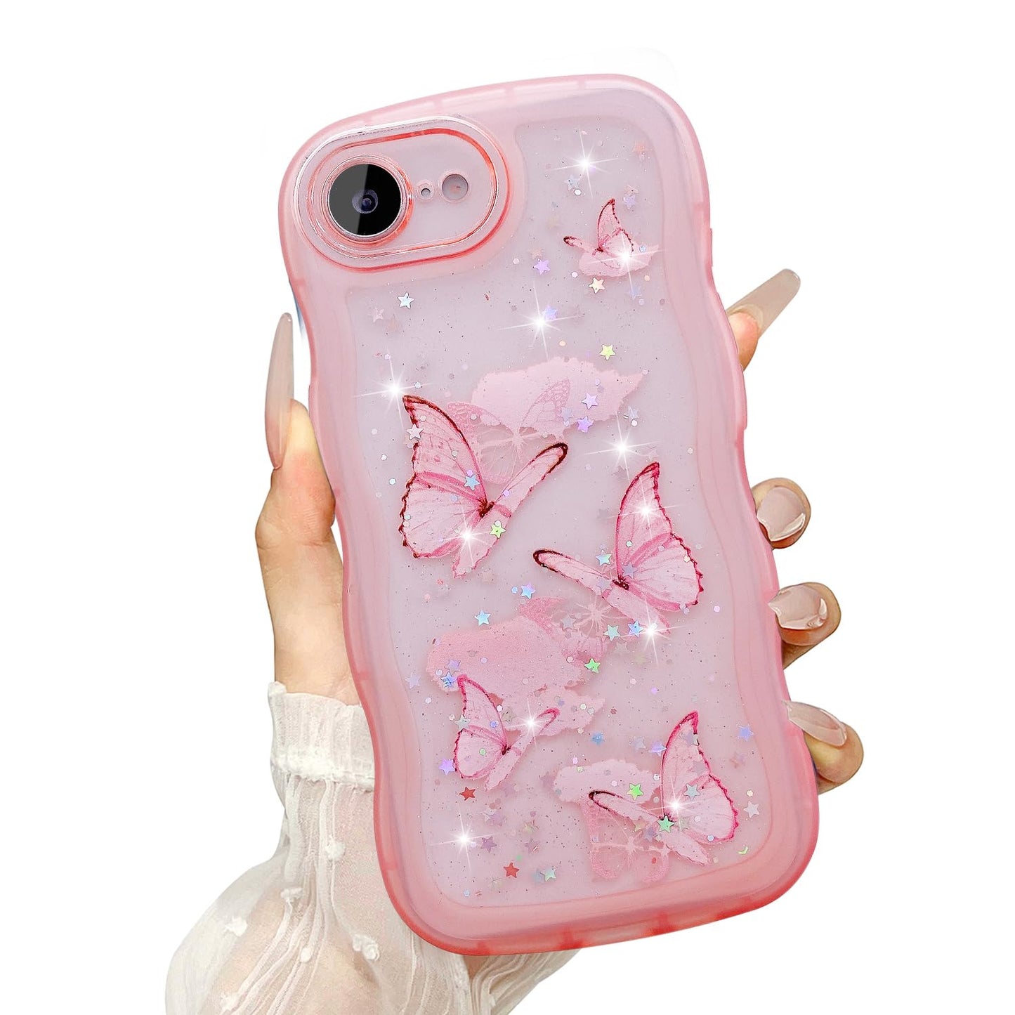 UEEBAI Wave Butterfly Case for iPhone 16e Case, Pretty Bling Star Butterfly for Women Cute Shiny Glitter Phone Cover for Girls B