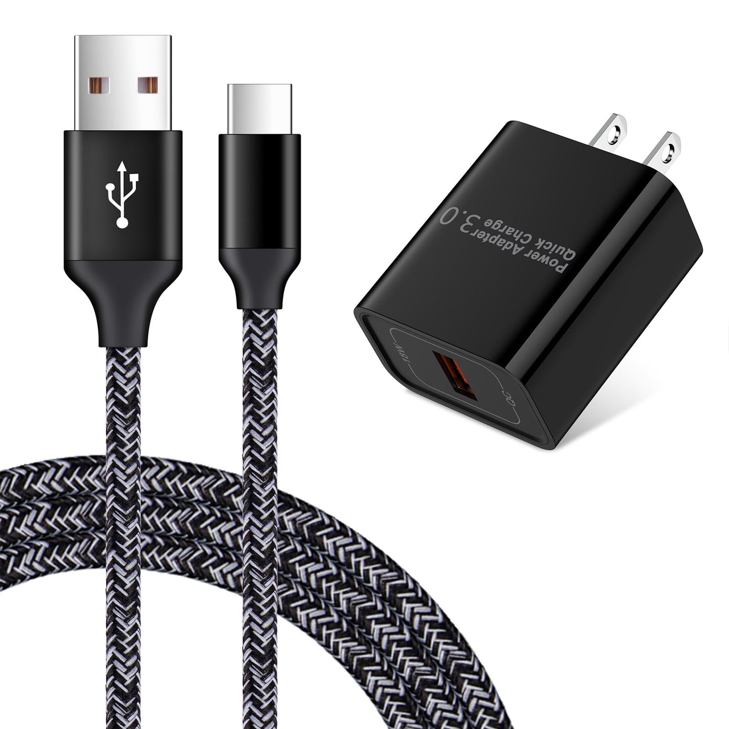 Quick Charge 3.0 Fast Charging USB Wall Charger Plug with 6ft Type C Cable for Samsung Galaxy S25 S24 S23 S22 S21 S20FE Note20 A
