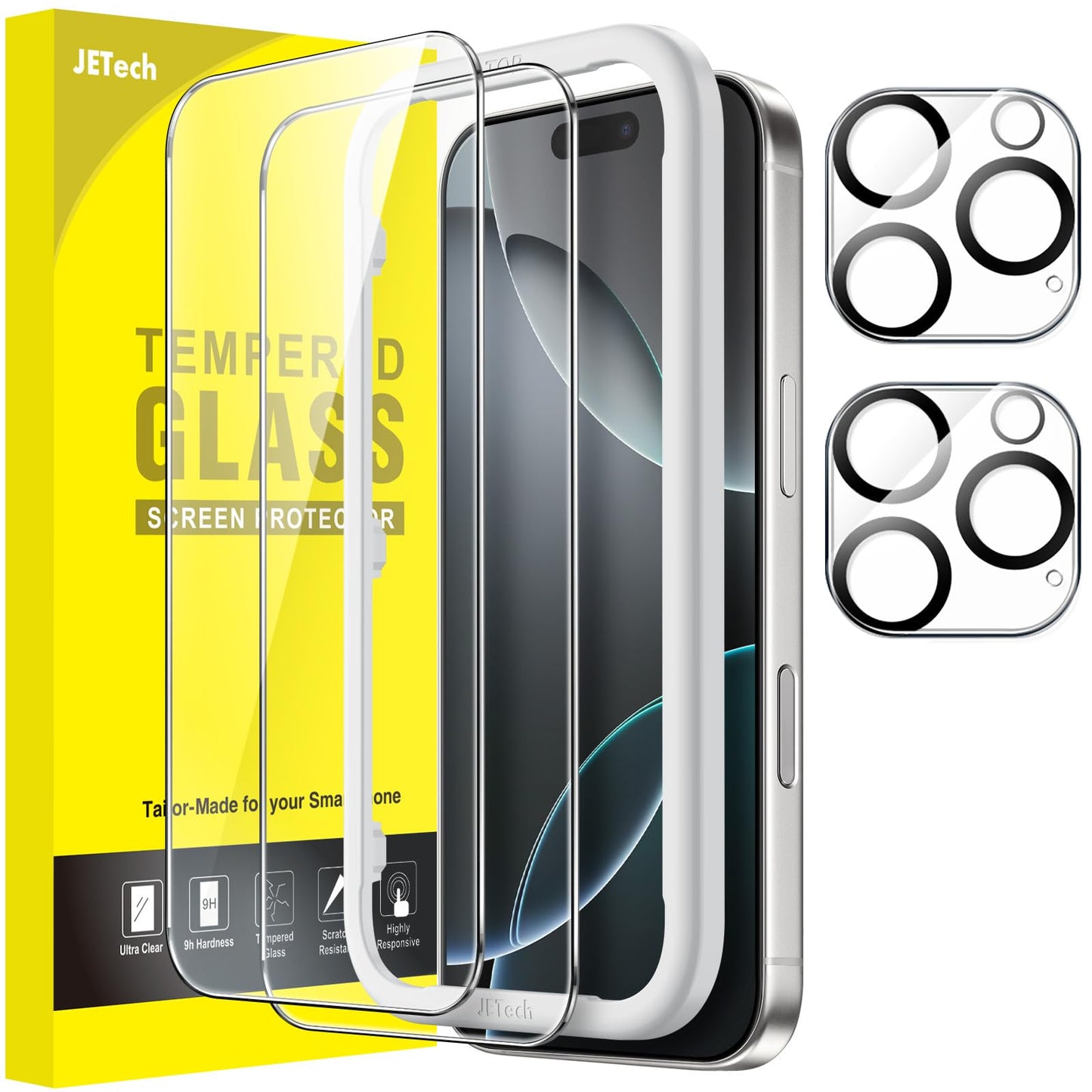 JETech Screen Protector for iPhone 16 Pro 6.3-Inch with Camera Lens Protector, Easy Installation Tool, Tempered Glass Film, HD C