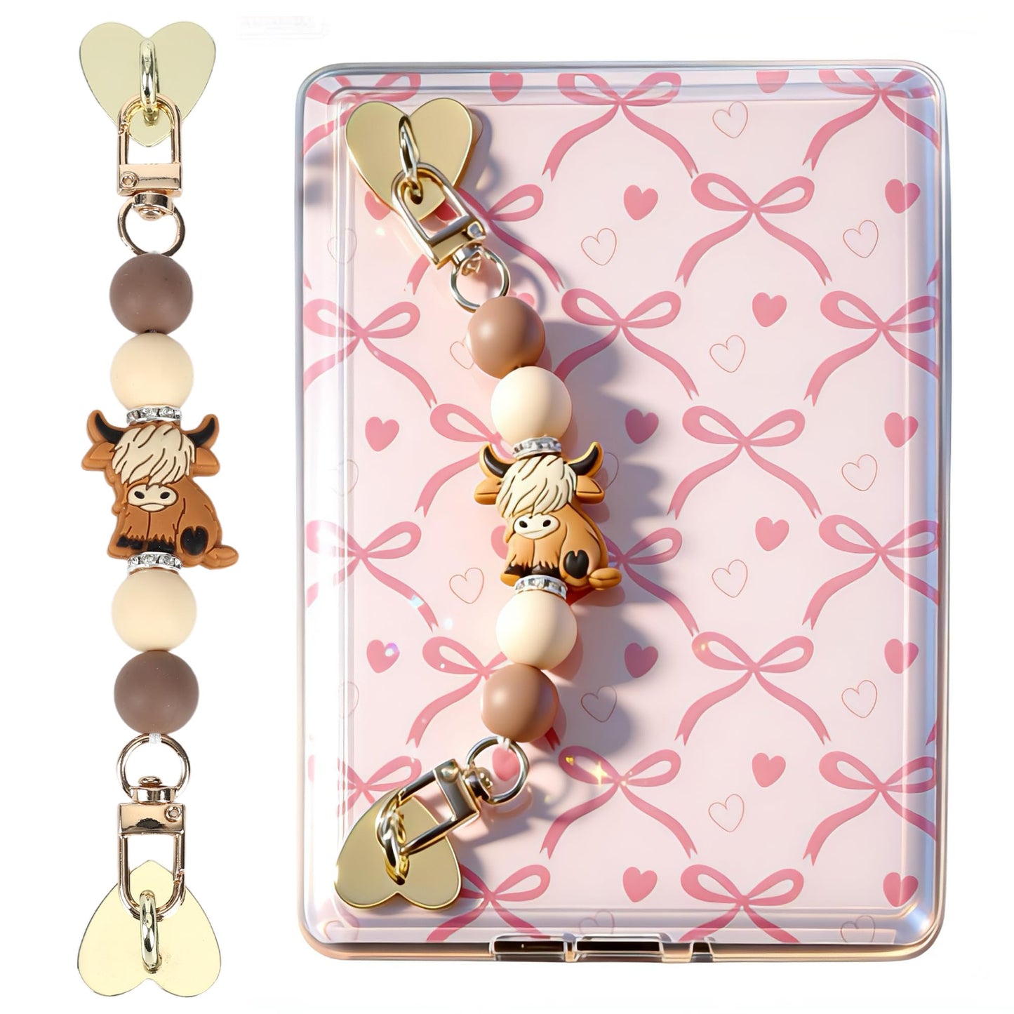 LuneClat Silicone Beaded Strap for Kindle - Cute E-Reader Hand Strap with Highland Cow, Grip Chain for Kindle Charm, Bookish Gif