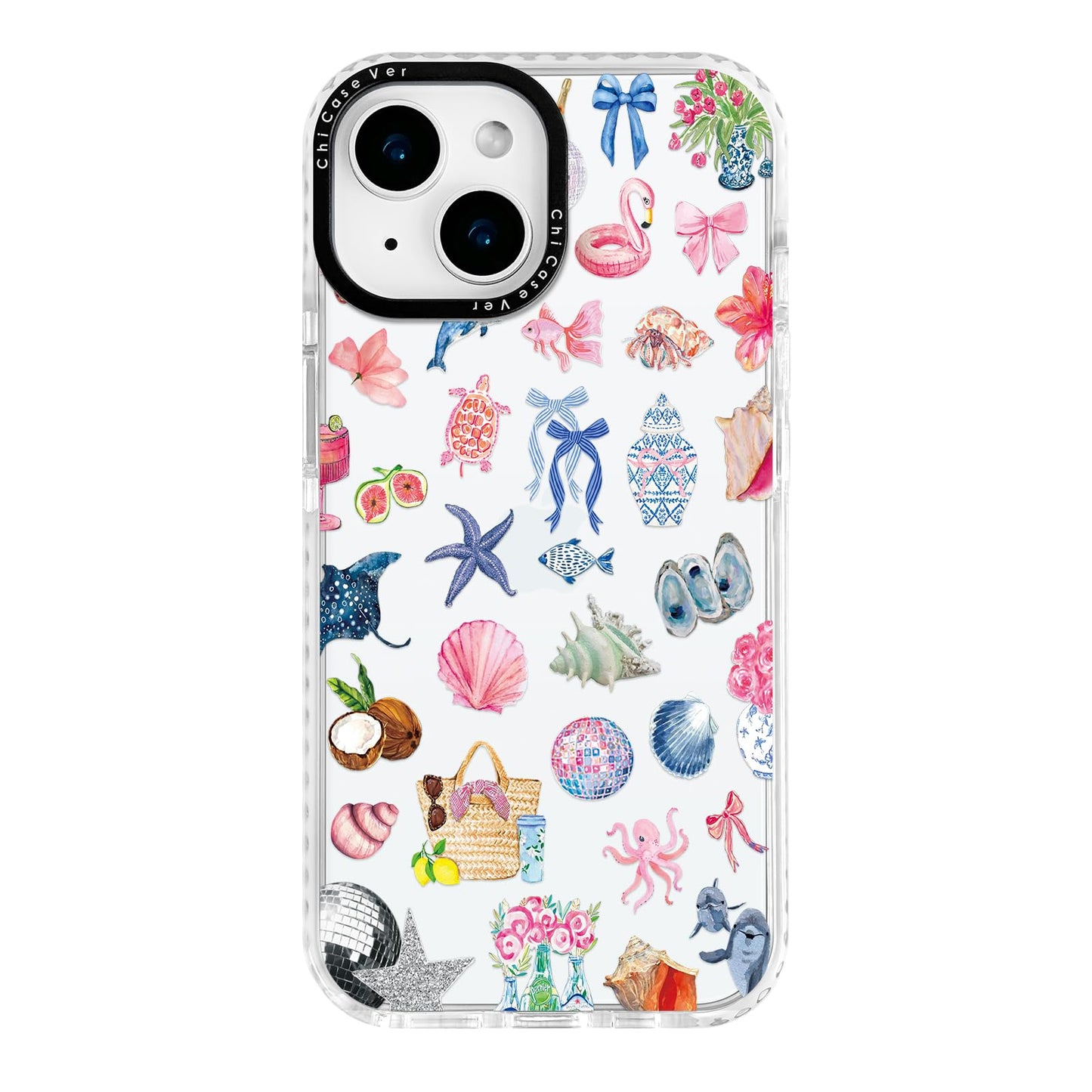 ChiCaseVer for iPhone 14 Case, Tropical Beach Collage Pattern with Flamingos, Military-Grade Drop Protection, Colorful Summery S