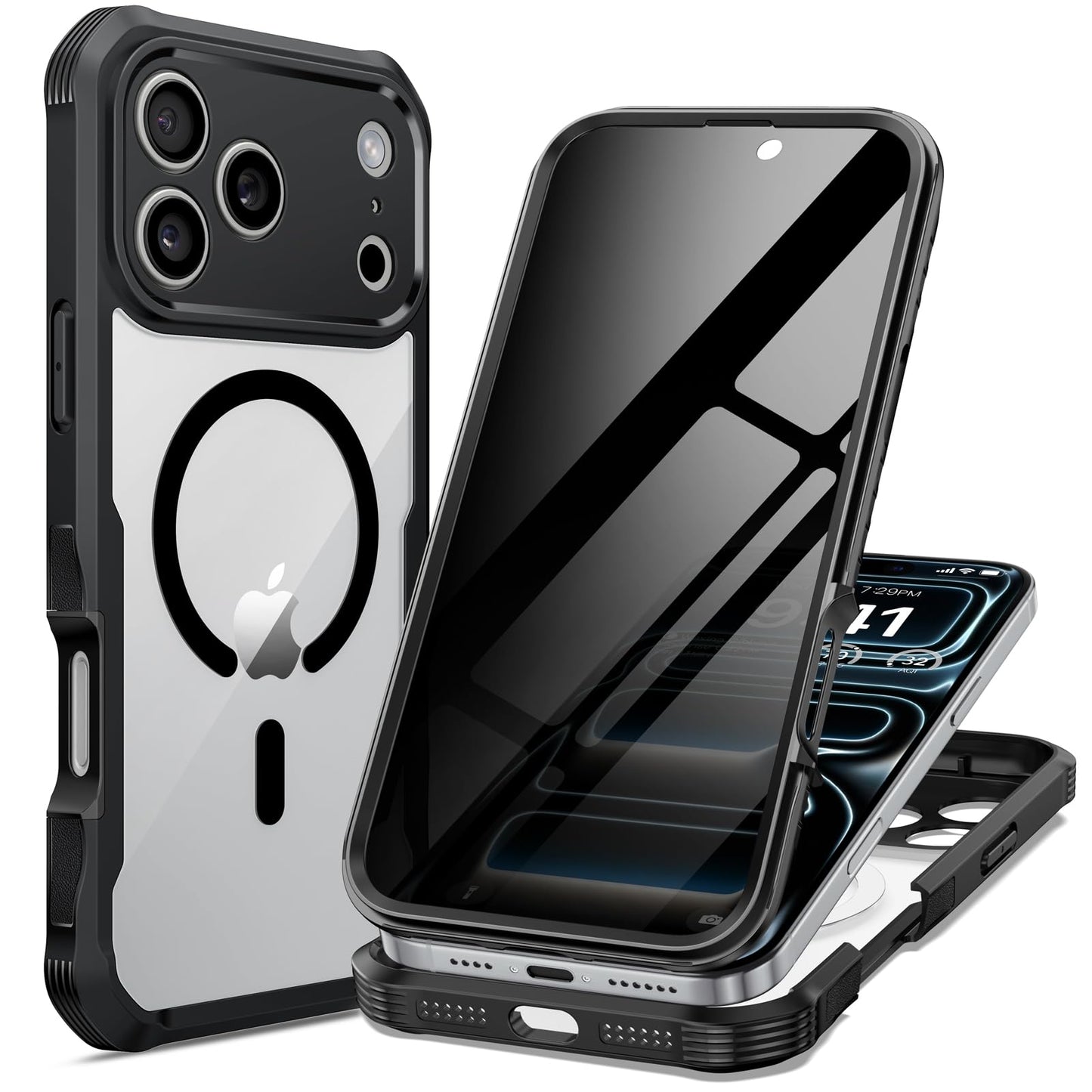 seacosmo for iPhone 17 Pro Max Case, Full Body Bumper with Built-in 9H Tempered Glass Privacy Screen Protector and Camera Lens P