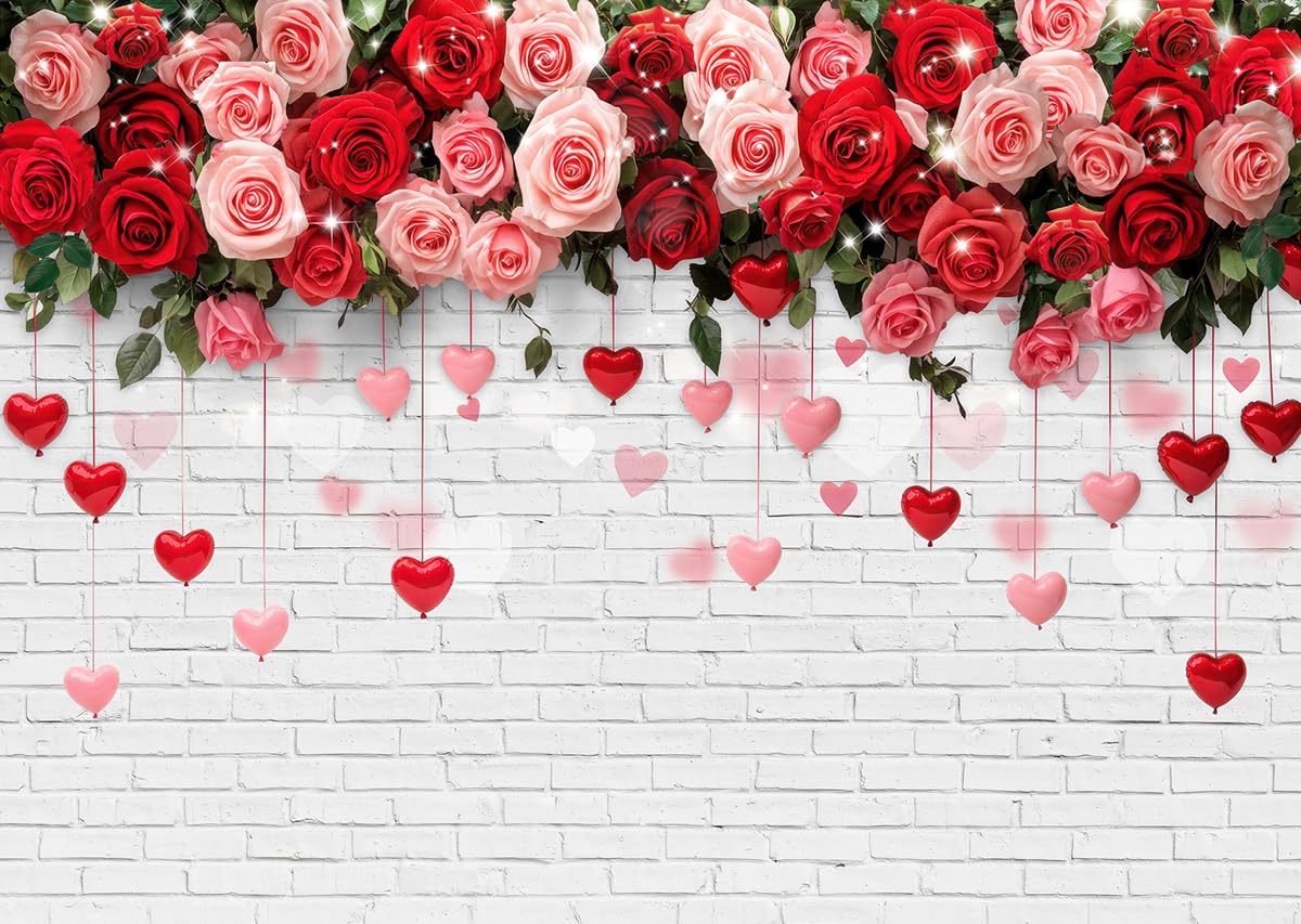 LTLYH 7x5ft Romantic Rose Flower Backdrop White Brick Wall Photography Backdrop for Valentines Day, Wedding, Anniversary, Engage