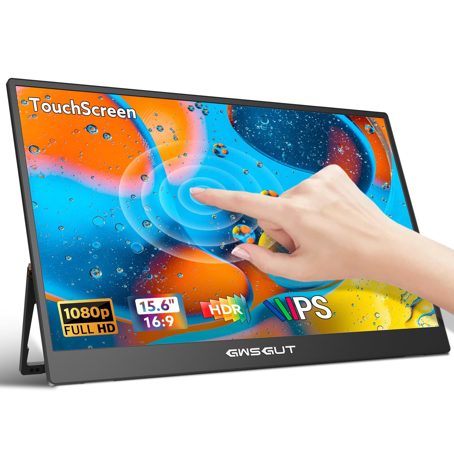 GWSGUT Portable Monitor Touchscreen 15.6 FHD 1080P USB-C HDMI Ultra-Slim Gaming Display, Built-in Stand Speakers HDR IPS,for L