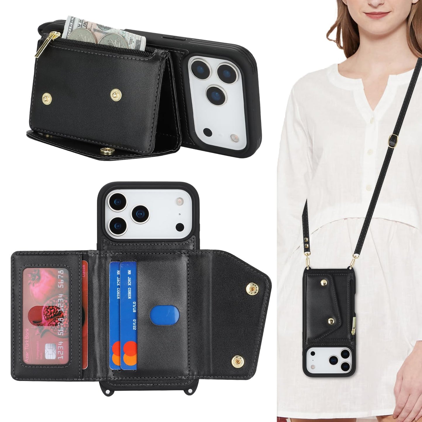 Lipvina for iPhone 17 Pro Case with Card Holder and Strap - Zipper Pocket,Crossbody Lanyard Strap,Credit Card Holder,Stand Ring,