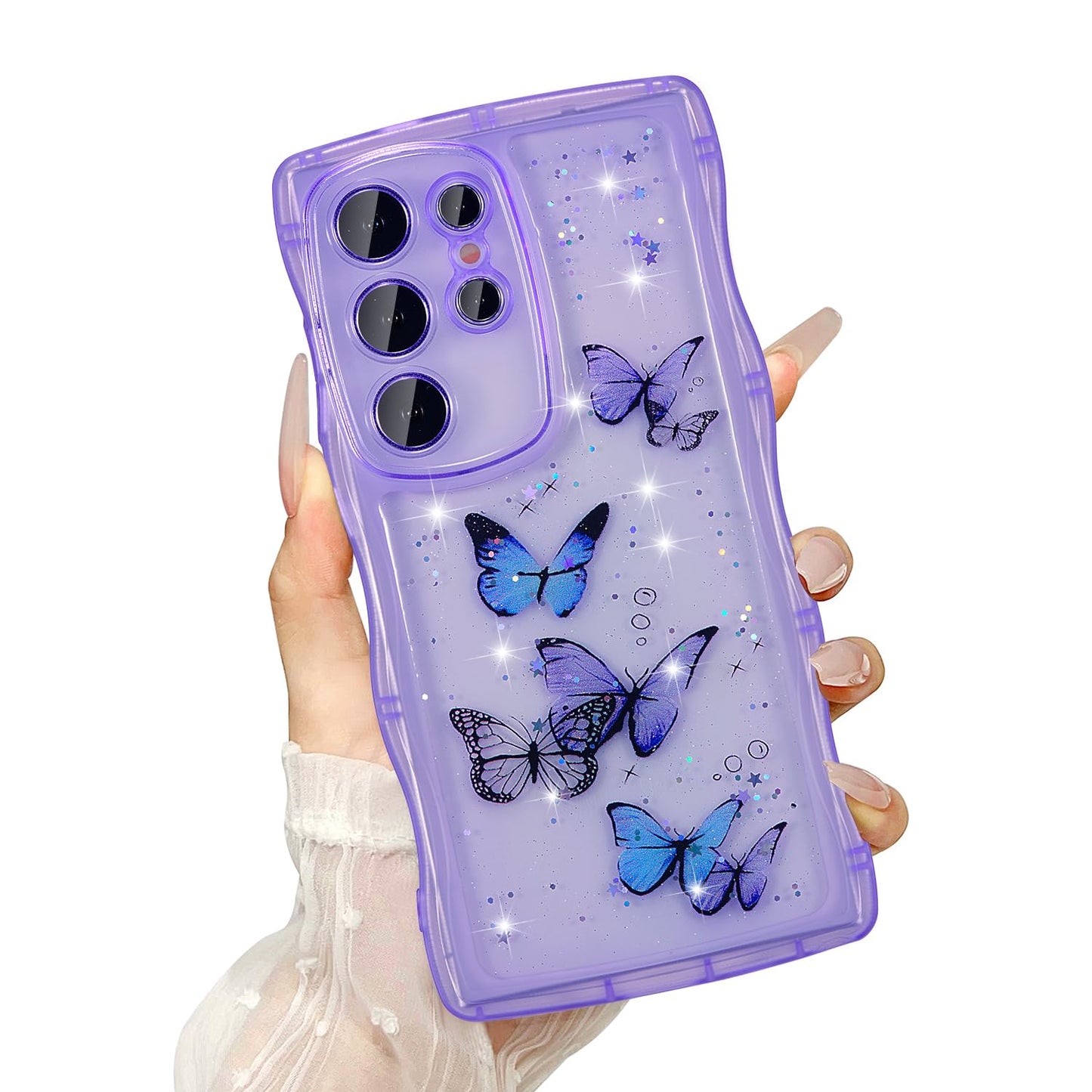 UEEBAI Wave Butterfly Case for Samsung Galaxy S22 Ultra Case, Pretty Bling Star Butterfly for Women Cute Shiny Glitter Phone Cov