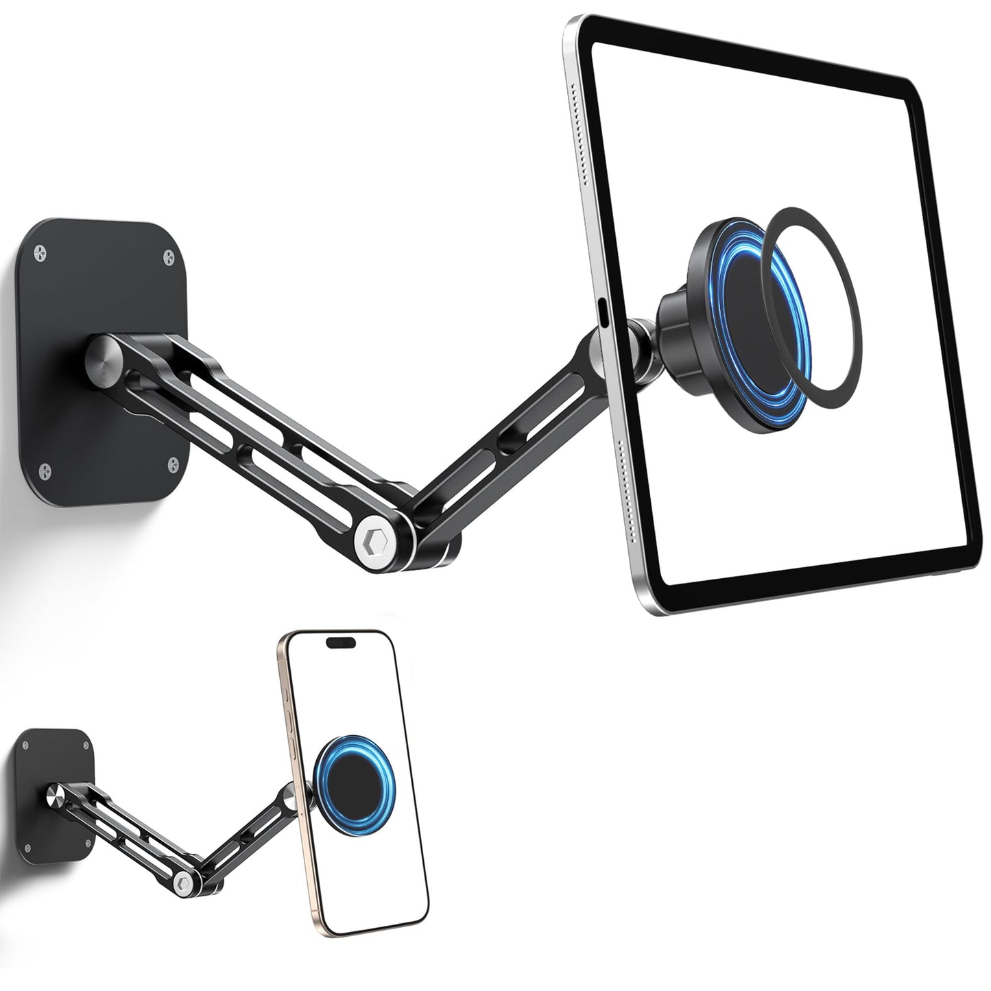 Magnetic iPad Wall Mount, NINEFATICS Aluminum Dual-Arm Tablet Wall Mount Holder, 360 Multi-Angle Adjustable, Foldable Wall iPad