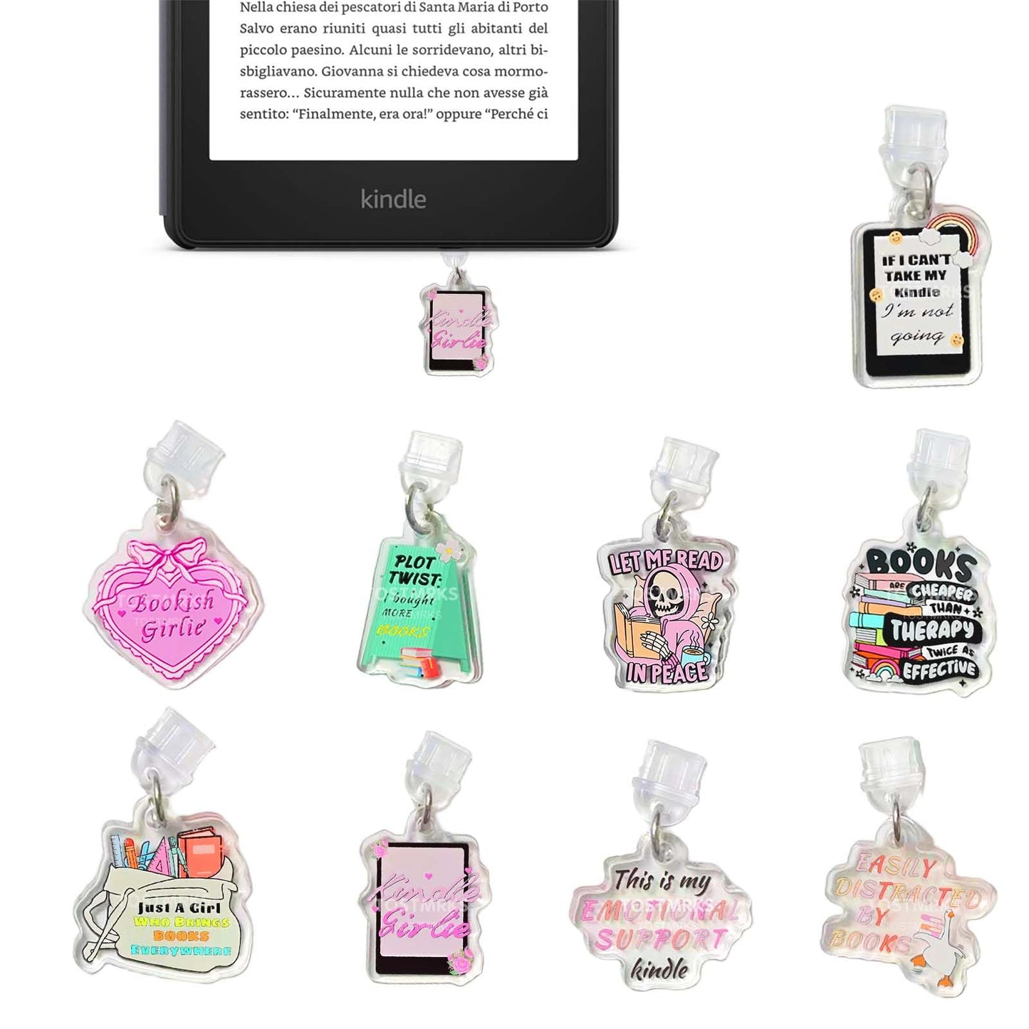 Tostmrks E-Reader Charms Set - 9 Pcs Custom Acrylic Dust Plugs for Kindle Type C Devices Fun Book Lover Accessories, Protects Po