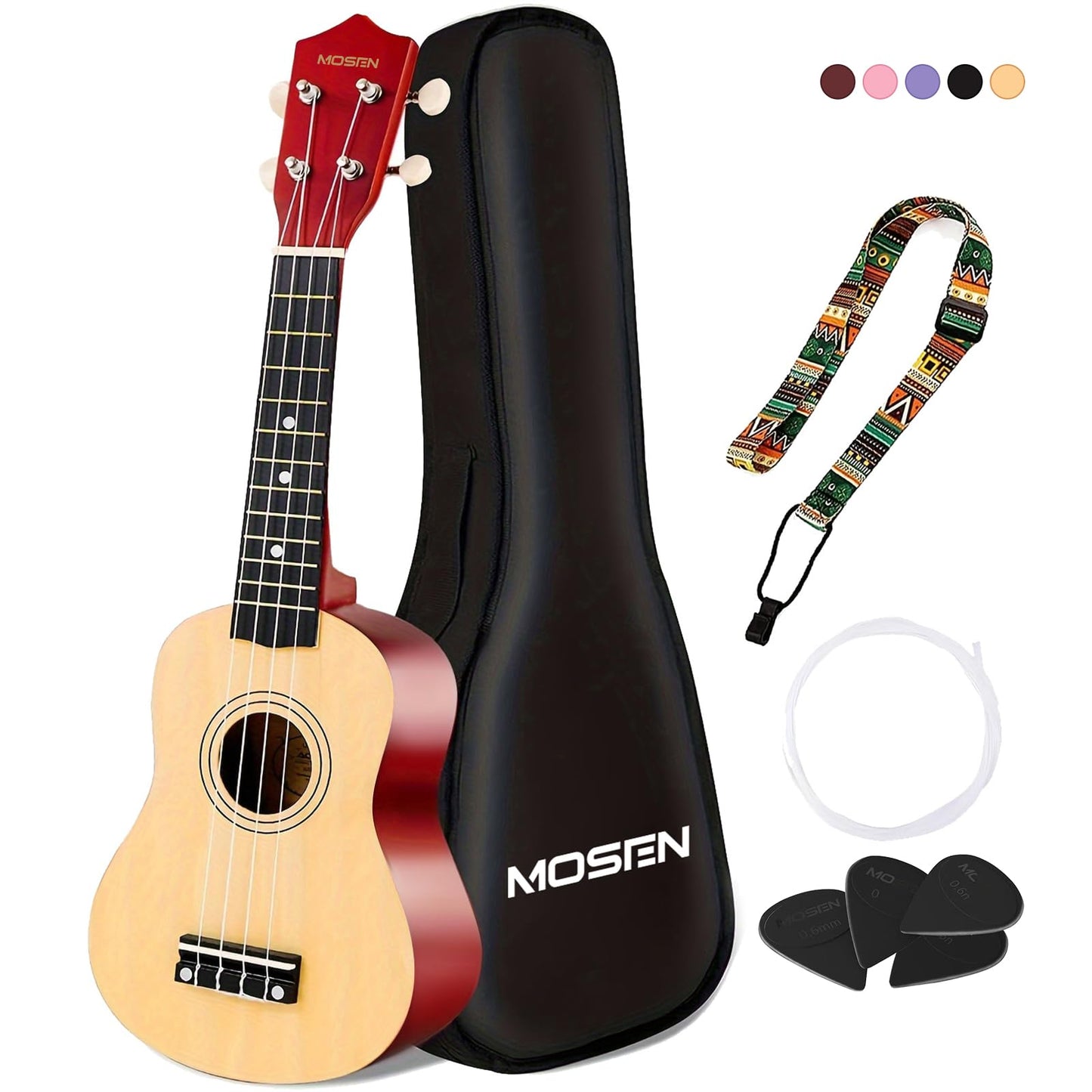 MOSEN Ukulele for Beginners 21 Inch All in One Kit Beginner Professional Ukulele Including Straps, Strings, and Paddles (Natural