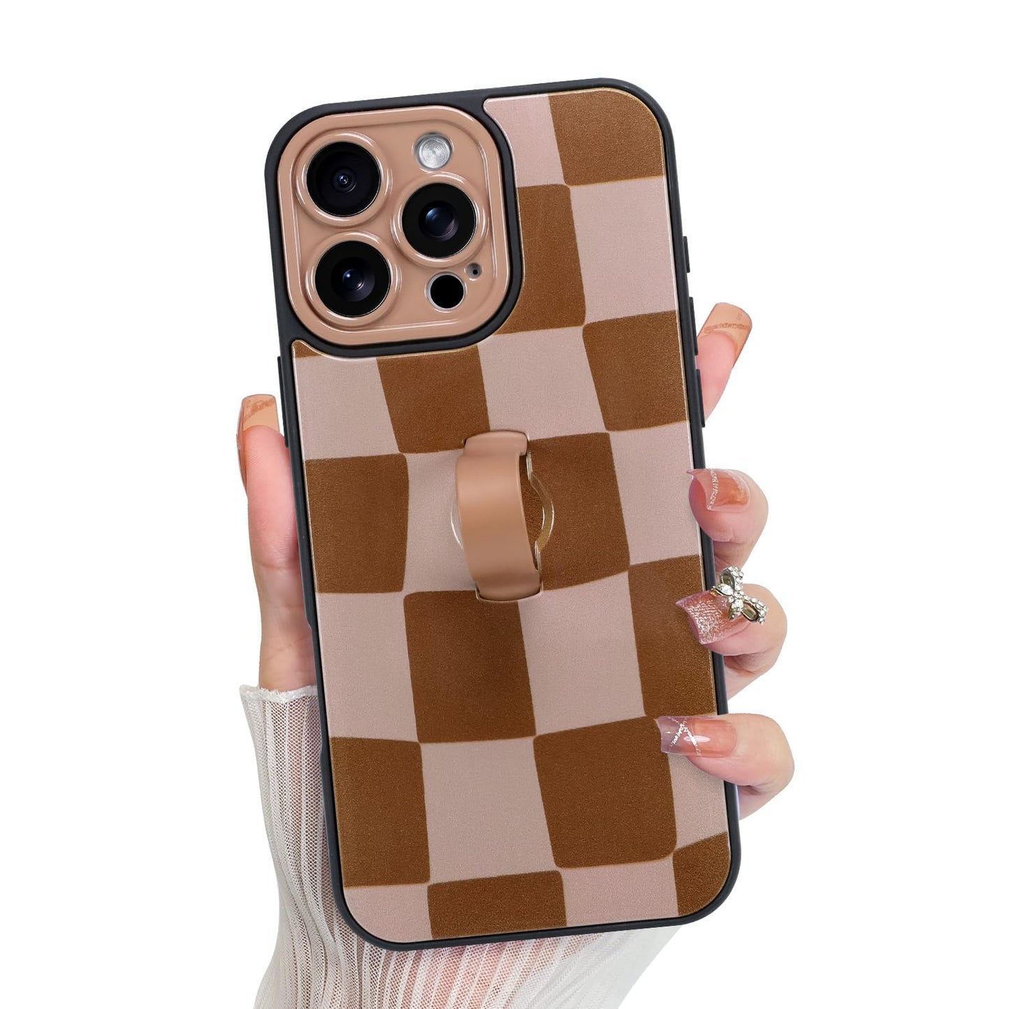 KANGHAR Compatible with iPhone 16 Pro Case, Silicone Checkered Cute Pattern, Wristband Kickstand Camera Protection Soft Slim Cov