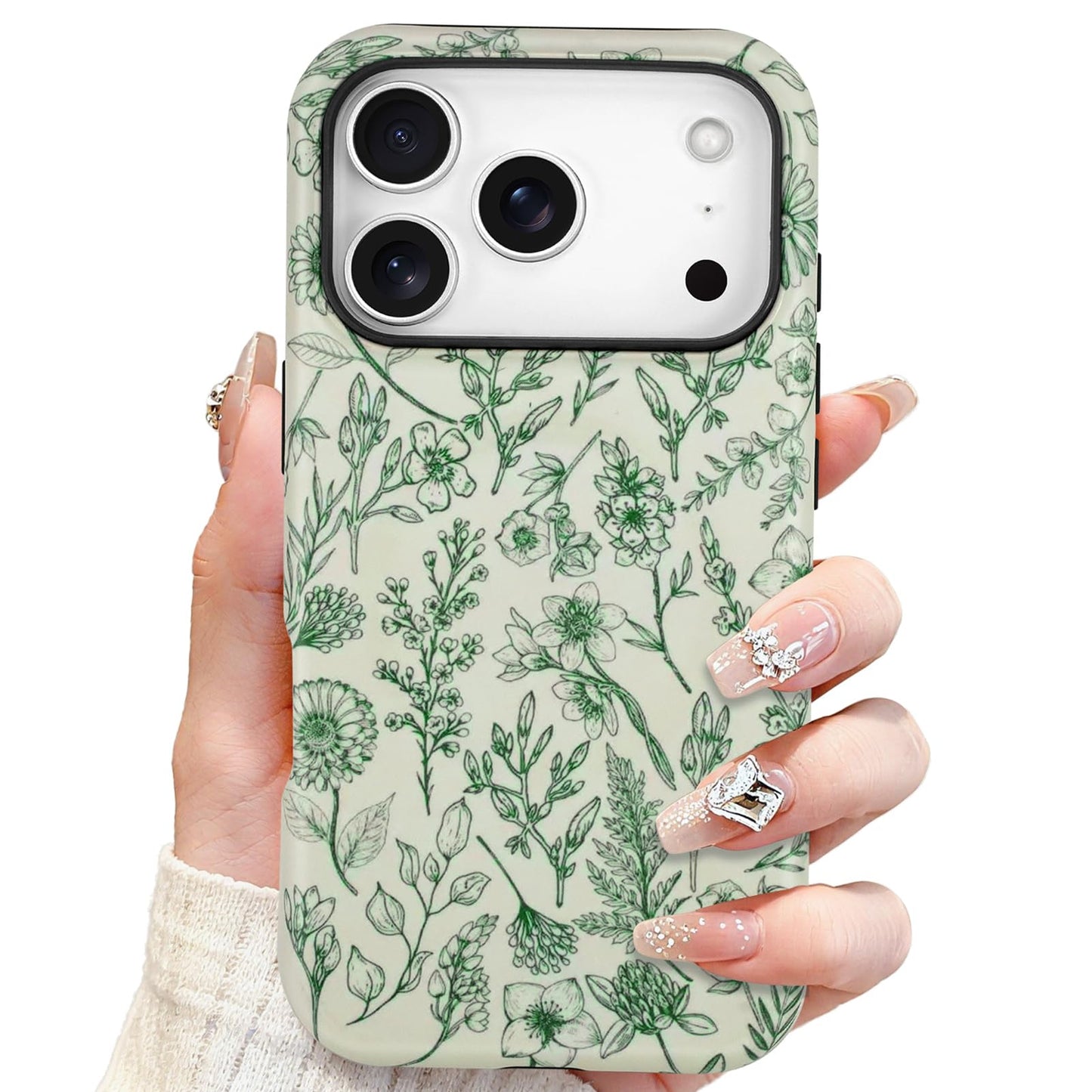 SOKAD Magnetic Sage Floral Phone Case for iPhone 17 Pro Max, Vintage Green Flower Pattern Compatible with Magsafe Matte Protecti