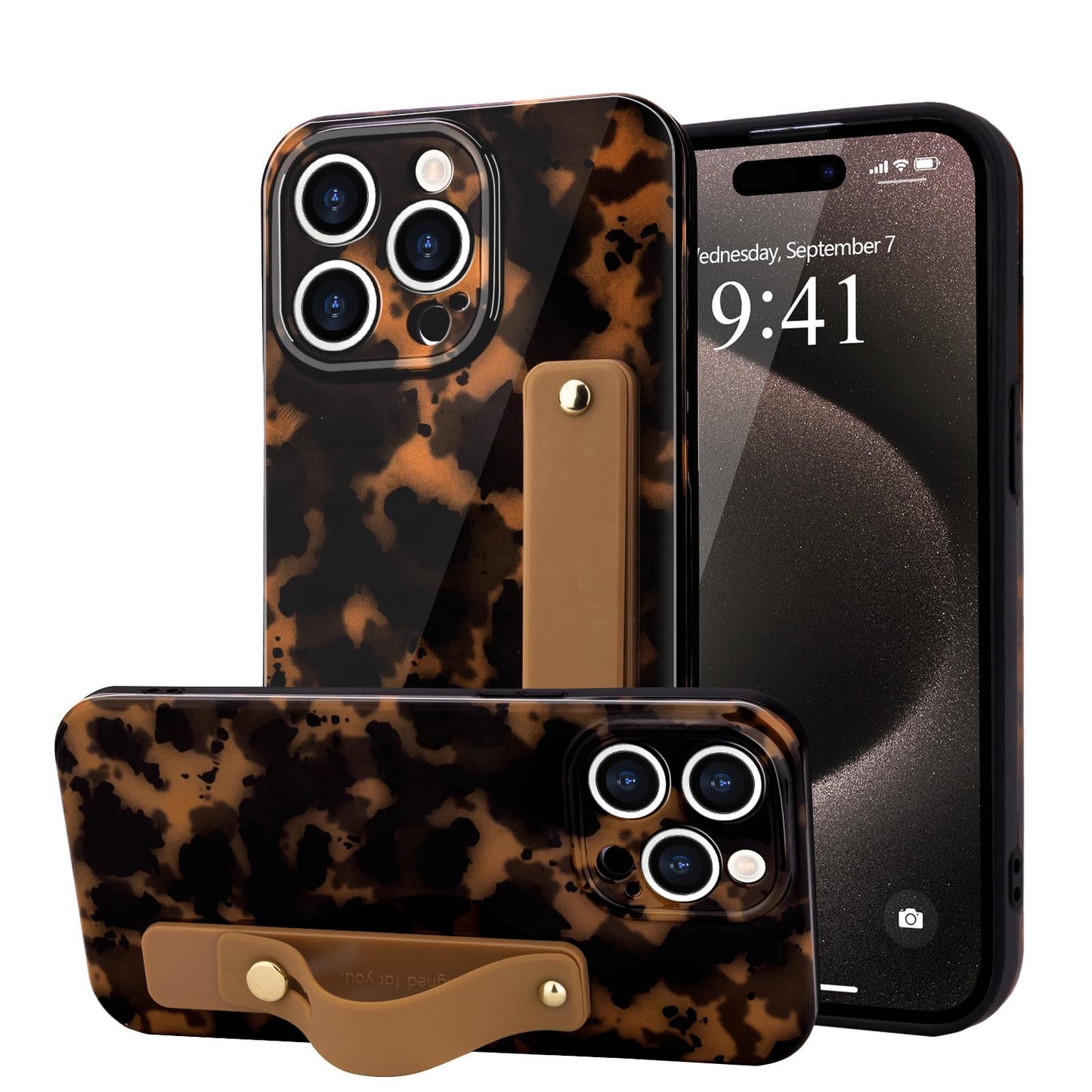 LAPOPNUT For iPhone 14 Pro Max Case with Wrist Strap, Cheetah Leopard Tortoise Shell Print Shockproof Soft TPU Protective Case W