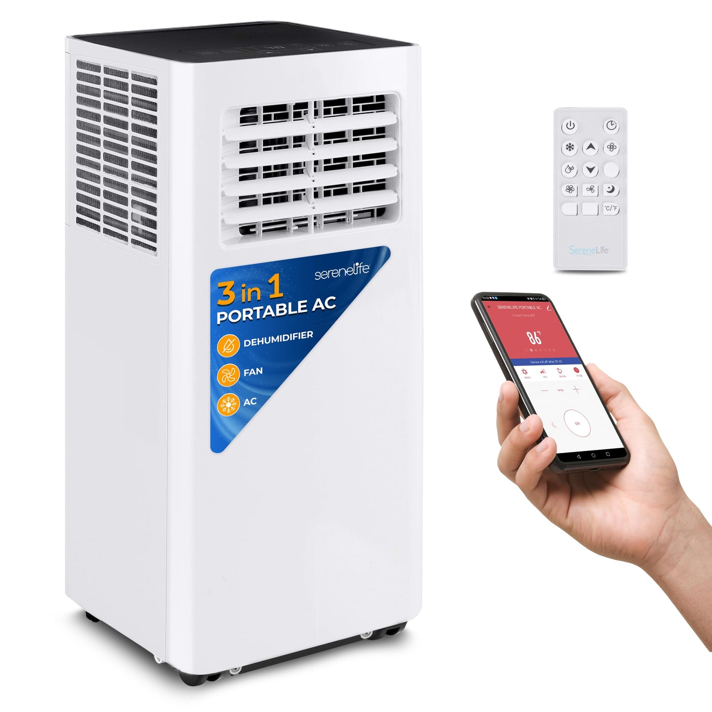 SereneLife Small Air Conditioner Portable 10,000 BTU with Built-in Dehumidifier - Portable AC unit for rooms up to 450 sq ft - W