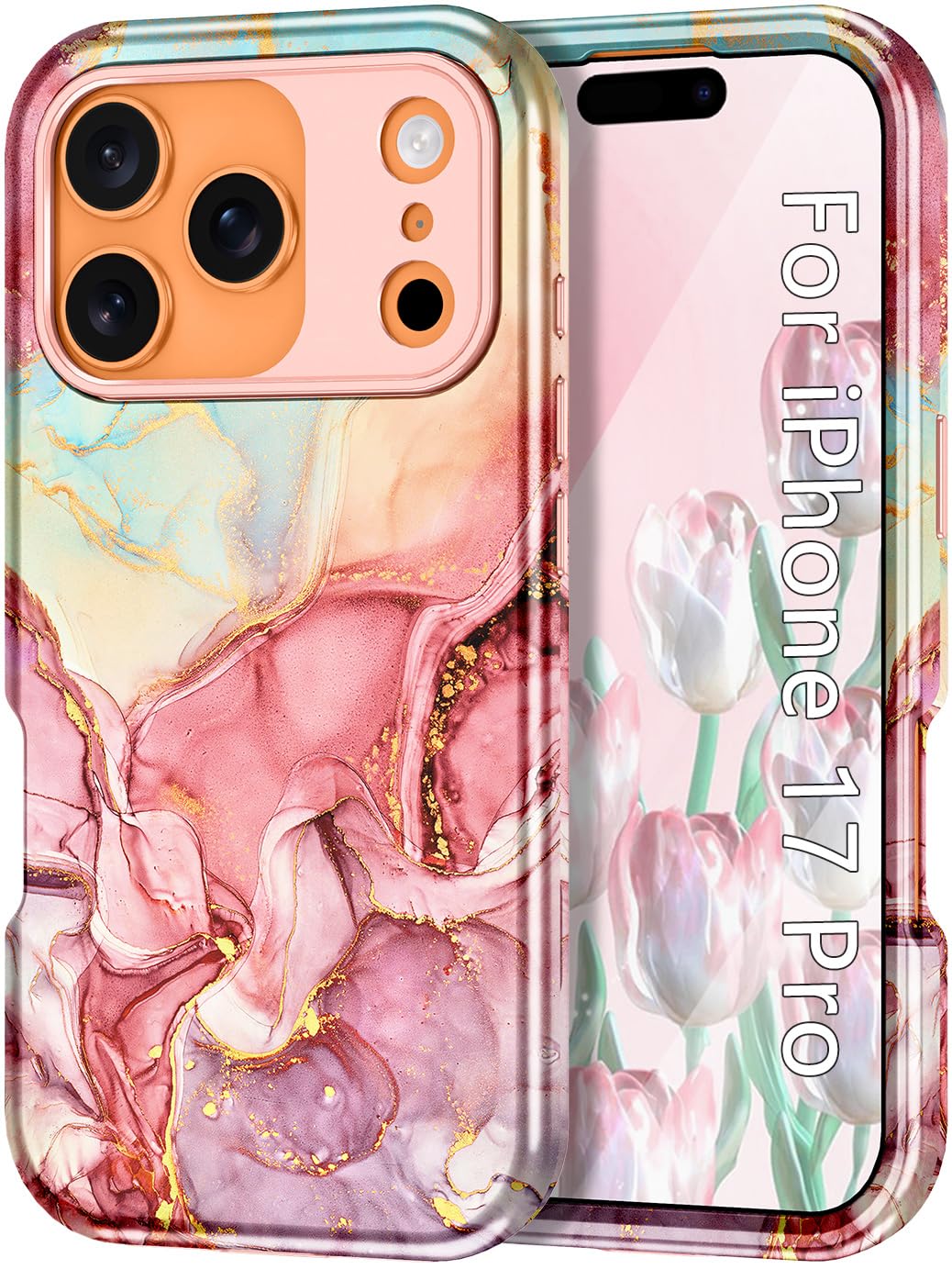 Btscase Compatible with iPhone 17 Pro Case 6.3 Inch 2025,Marble Pattern 3 in 1 Heavy Duty Shockproof Full Body Rugged Hard PC+So