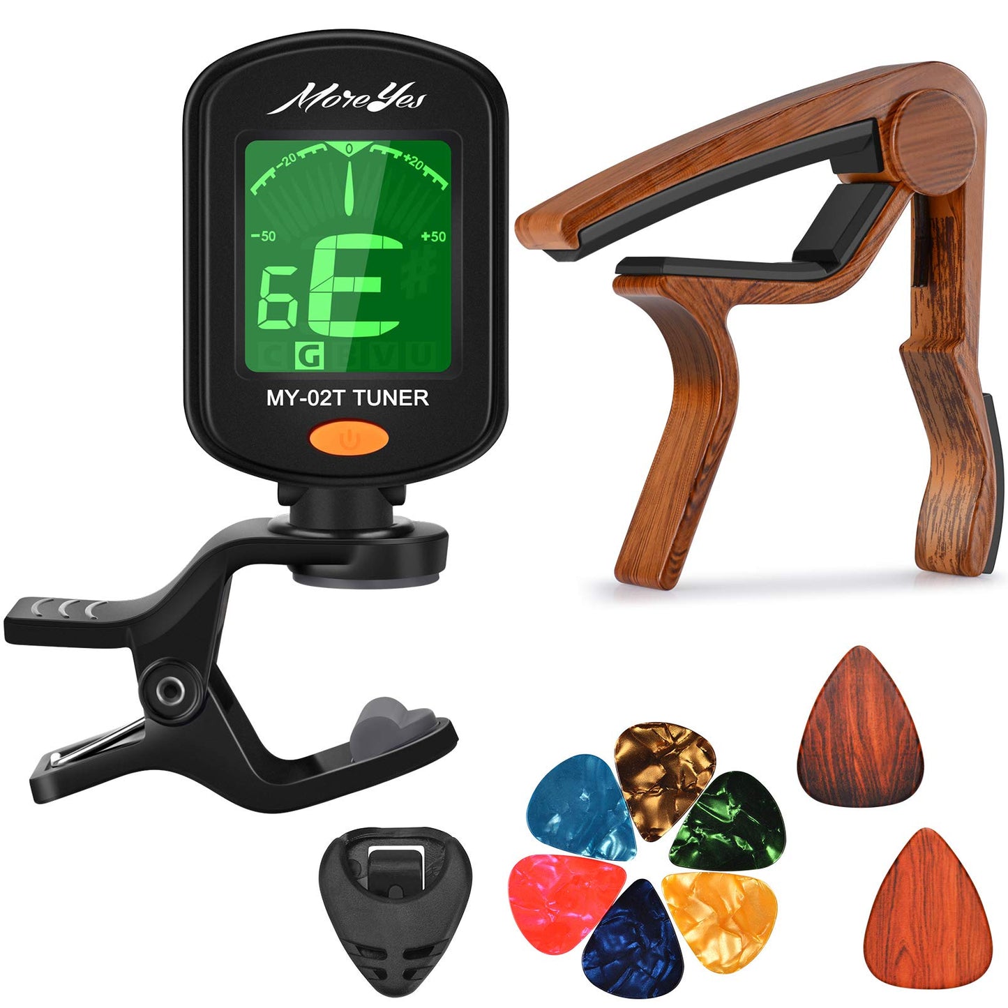 MOREYES Guitar Picks Capo Guitar Tuner Clip on for Acoustic Ukelele Bass Classical Guitar