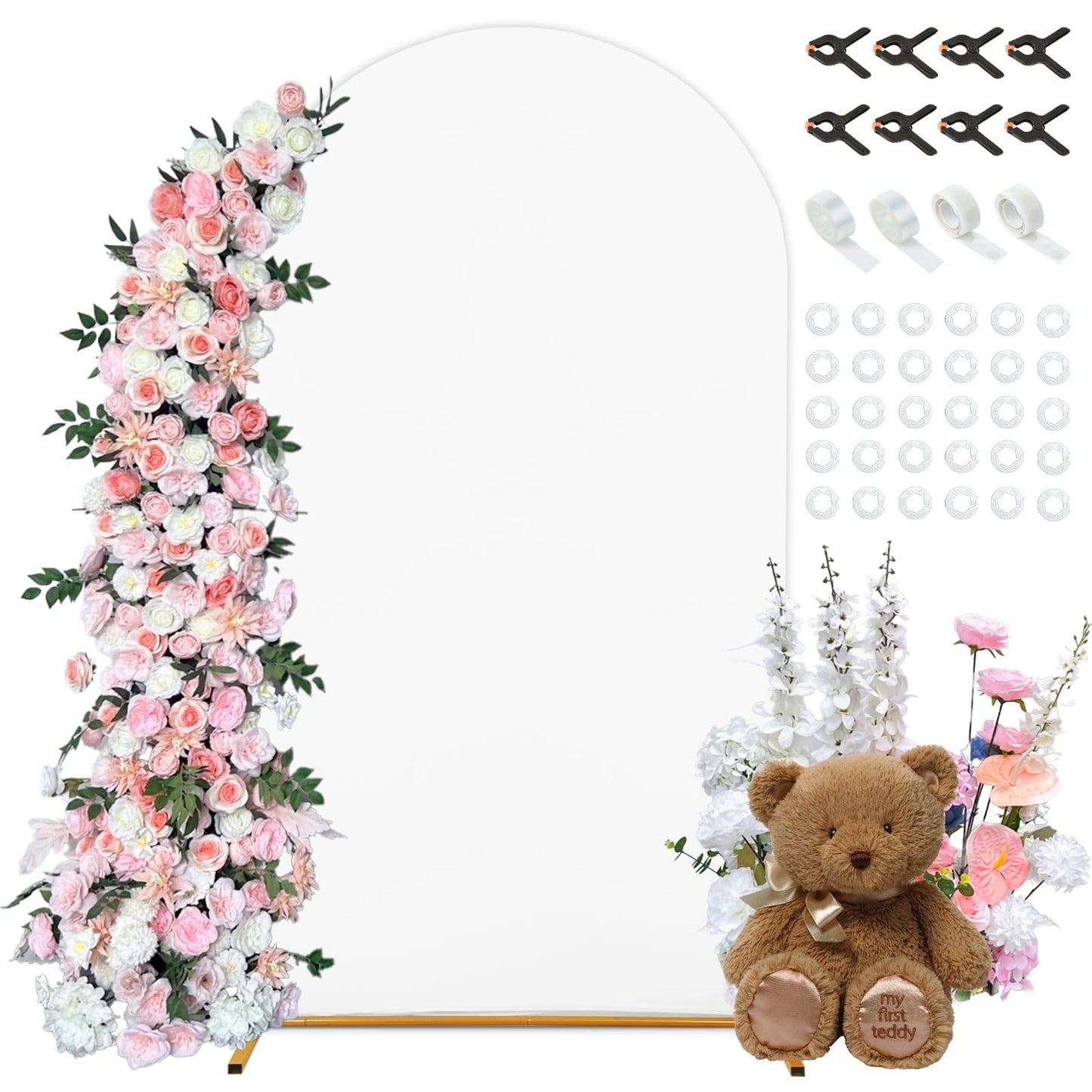 7.2 FT Arch Backdrop Cover, White Spandex Round Top Metal Arch Backdrop Stand Cover with Balloon Tie Tool for Wedding Ceremony B