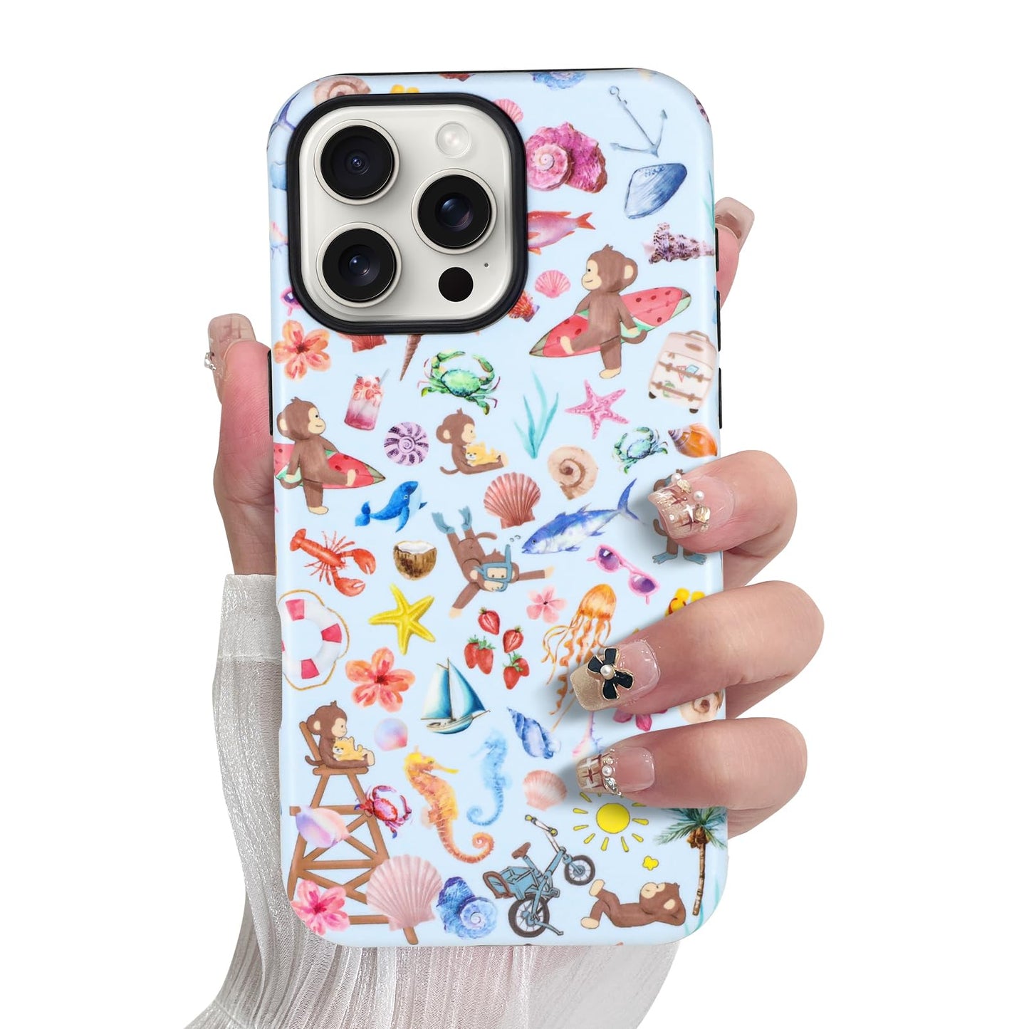 SOKAD Magnetic Monkey Phone Case for iPhone 16 Pro, Cute Summer Beach Monkeys Pattern Compatible with Magsafe Matte Protective C