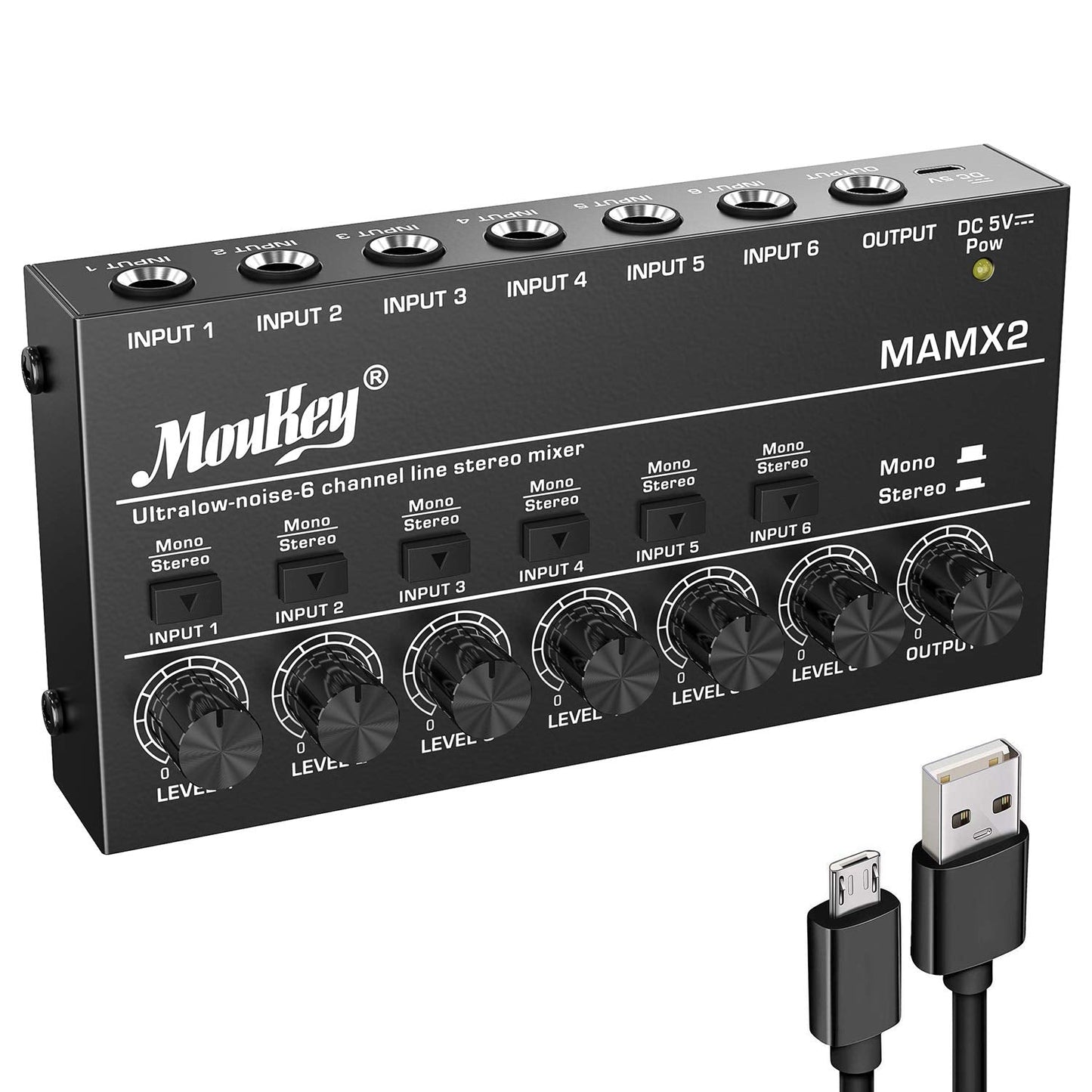 Moukey 6-Channel Audio Mixer, Low-Noise DC 5V, Ideal for Guitars & Keyboards, Model MAMX, Medium Size
