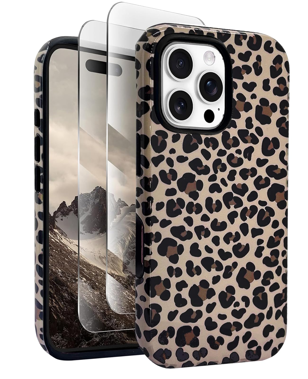 J.west Compatible with iPhone 16 Pro Case 6.3 inch with 2 Pack Tempered Glass Screen Protectors Cute Animal Leopard Hybrid Cover