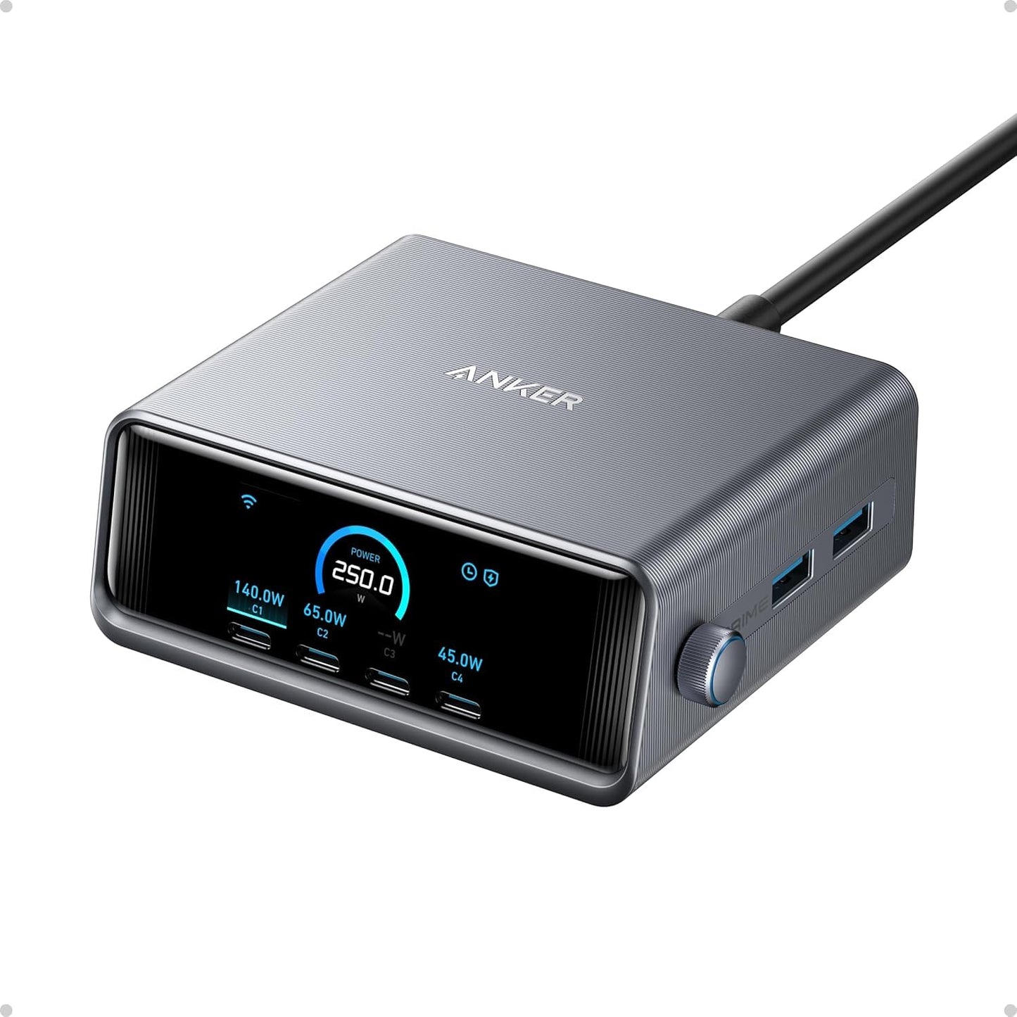 Anker Prime Charging Station, 250W 6-Port GaN USB C Charger, 2.26 LCD Smart Display Control, Compatible with iPhone, Galaxy, Mac