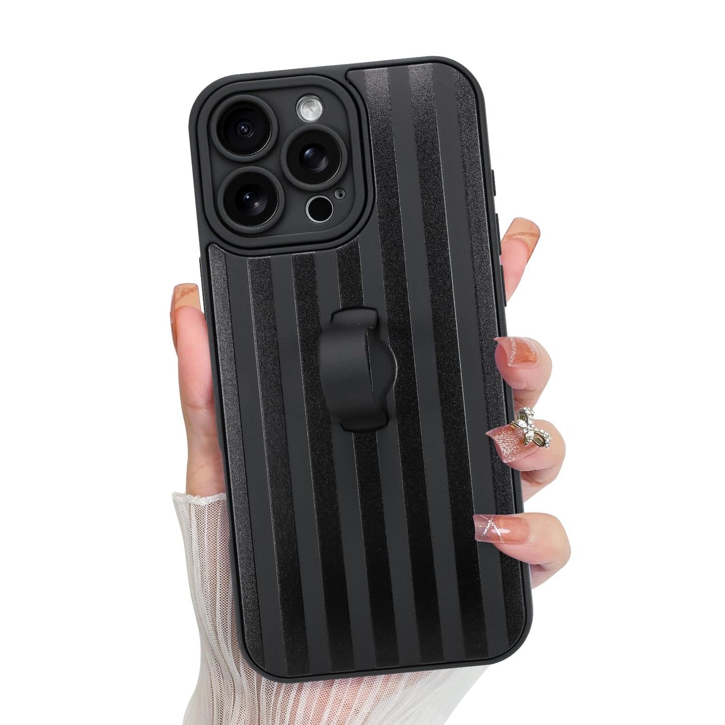 KANGHAR Compatible with iPhone 16 Pro Max Case, Silicone Stripes Cute Pattern, Wristband Kickstand Camera Protection Soft Slim C
