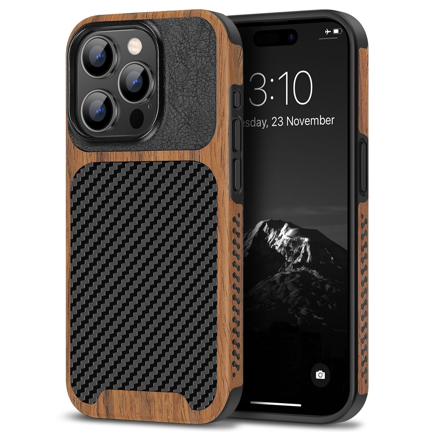 TENDLIN Compatible with iPhone 15 Pro Max Case Wood Grain with Carbon Fiber Texture Design Leather Hybrid Slim Case (Black)