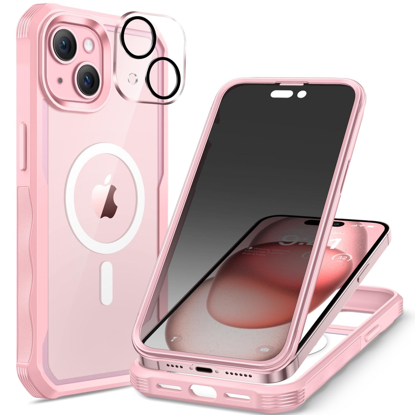 seacosmo for iPhone 15 Plus Case, Full Body Bumper with Built-in 9H Tempered Glass Privacy Screen and Camera Lens Protector, Com
