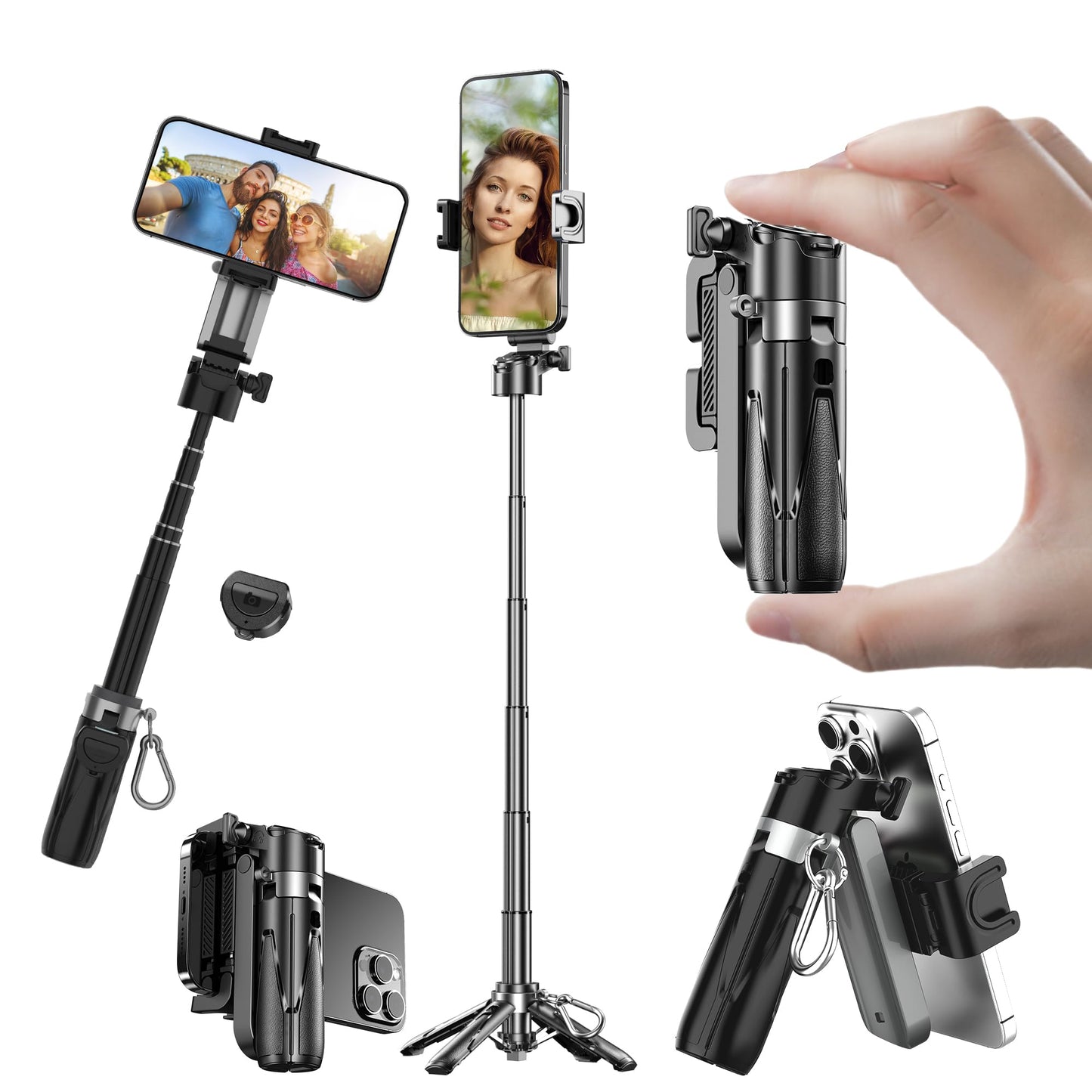 Mini Selfie Stick Tripod, Extendable Grip Phone Tripod with Detachable Remote Pocket Size, 4-in-1 Mini Phone Grip, 10m Wireless