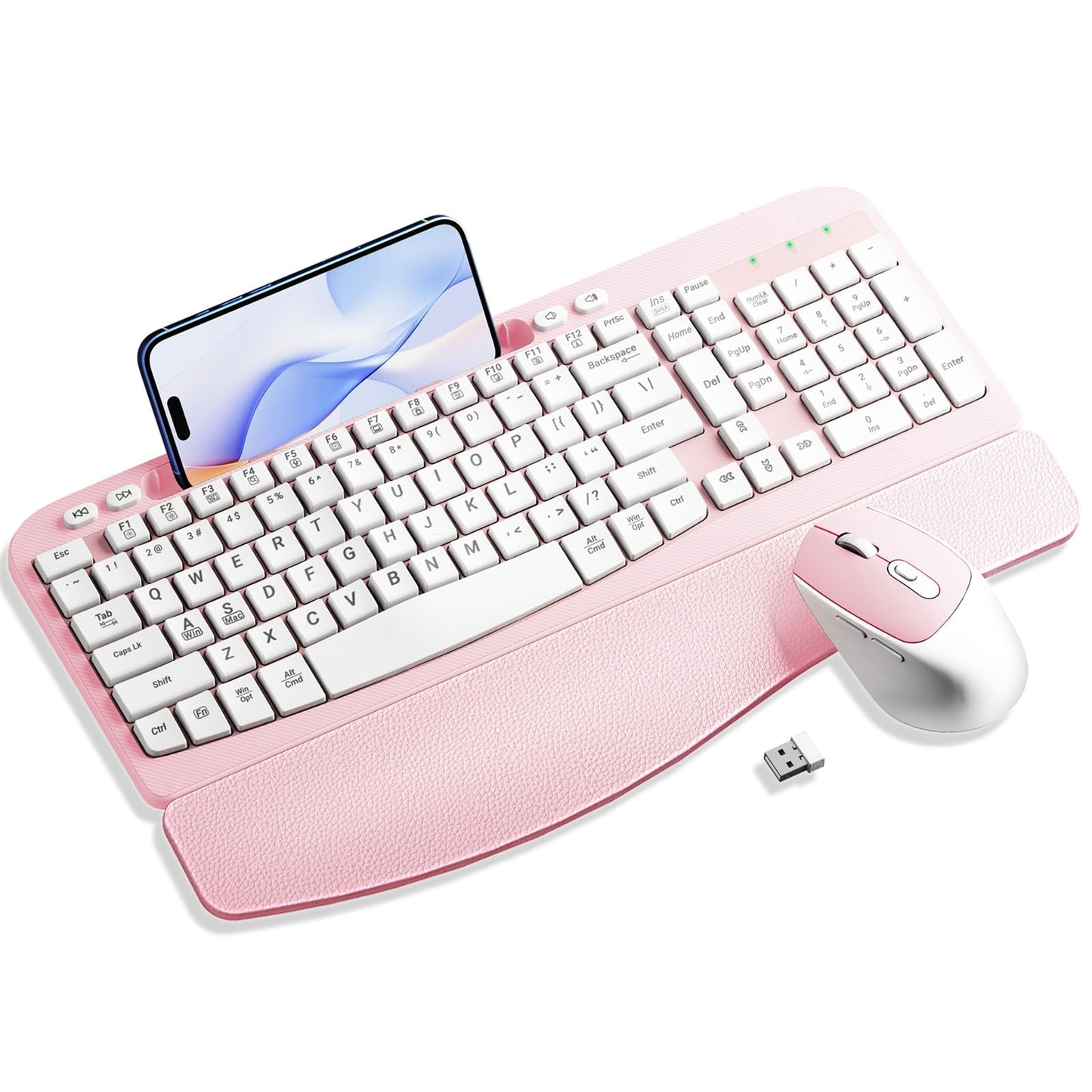 Wireless Keyboard and Mouse Combo, Wave Keys Computer Ergonomic Keyboard with Cushioned Plam Rest, Phone Holder, 2.4GHz Silent 6