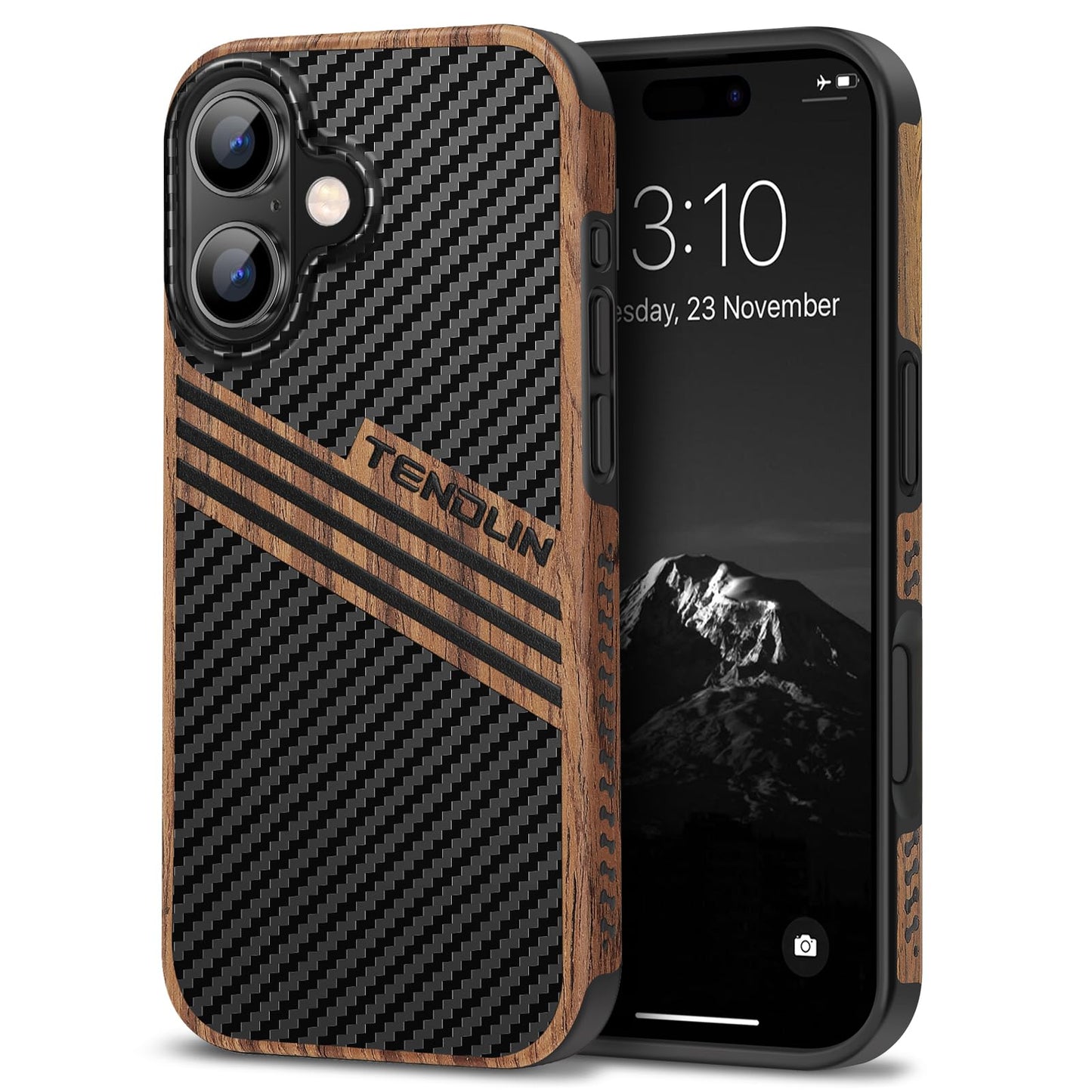 TENDLIN Compatible with iPhone 16 Plus Phone Case Wood Grain with Carbon Fiber Texture Design Leather Hybrid Slim Case (Three St