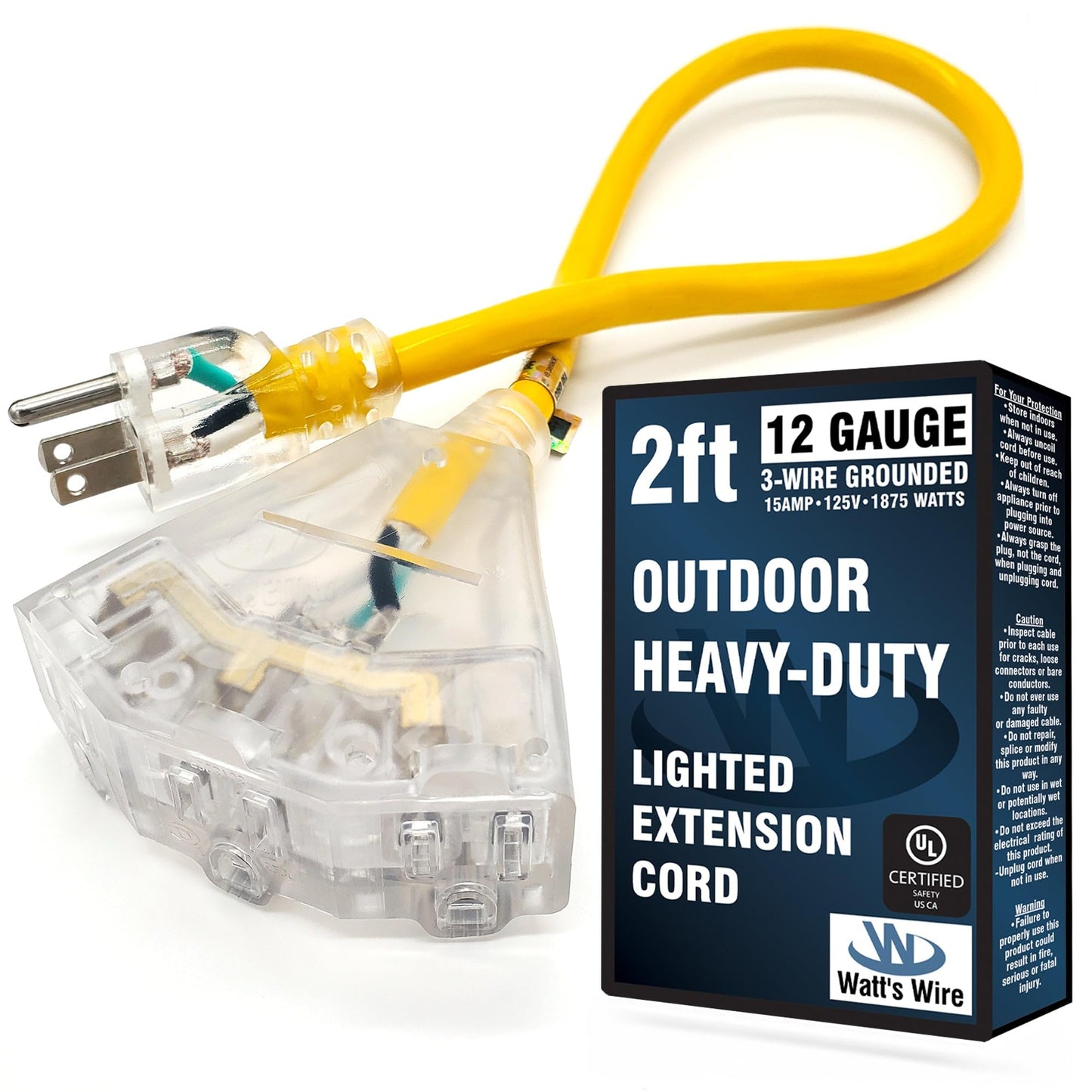 2 ft Heavy Duty Extension Cord - 12 Gauge Outdoor Extension Cord - Lighted Mulitiple Outlets by Watts Wire - 2 12-Gauge Ground
