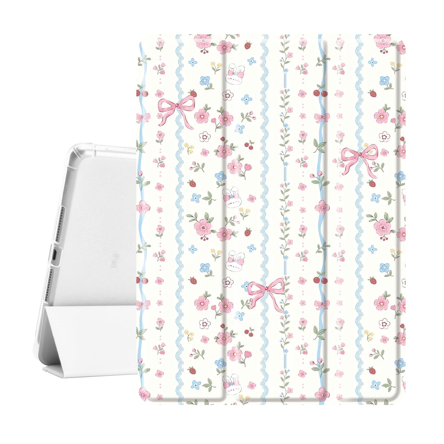 Idocolors Cute Kawaii Floral Bunny Bow Pad Case for 10.9 Inch iPad 2022/2025(iPad 10th/11th Gen), Clear TPU Smart Stand Back Cov